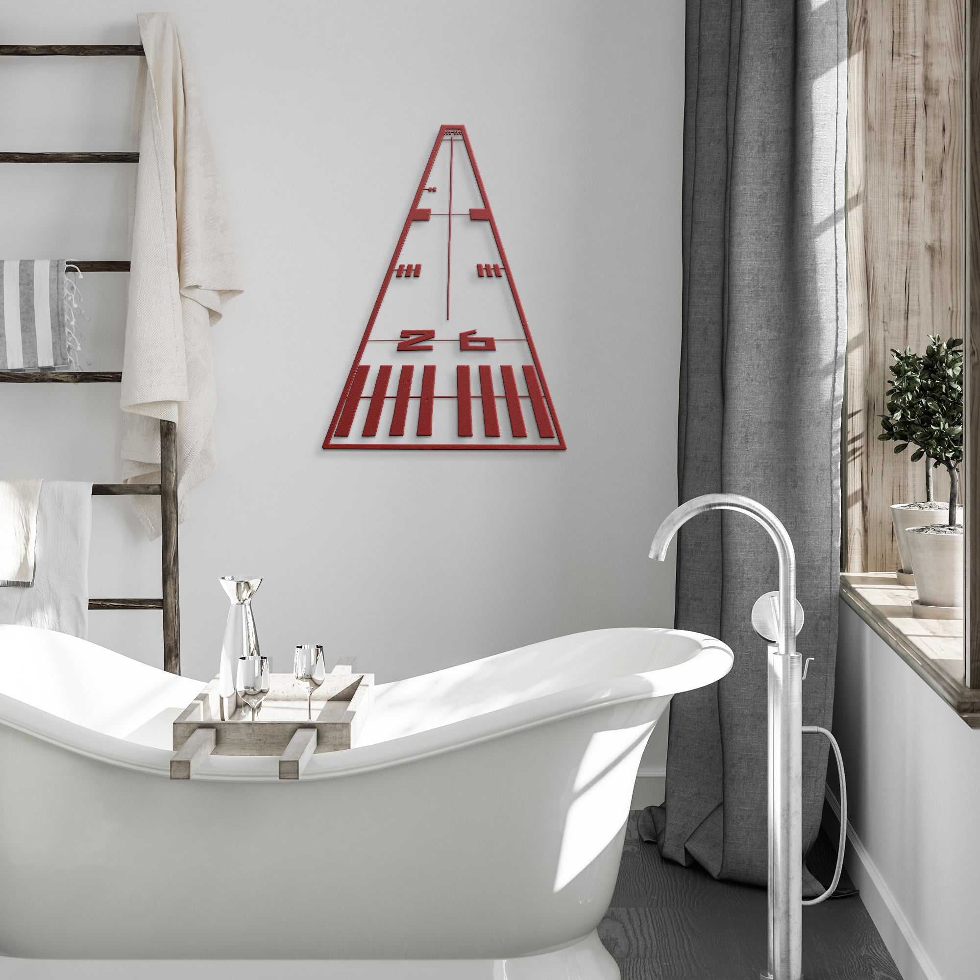 Metal wall art runway airplane sign in bathroom with modern decor