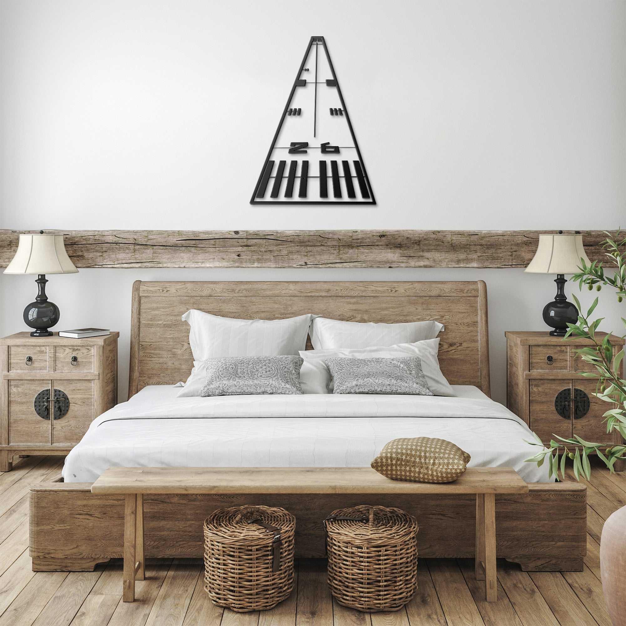 Metal Wall Art Runway airplane sign in modern bedroom above wooden bed