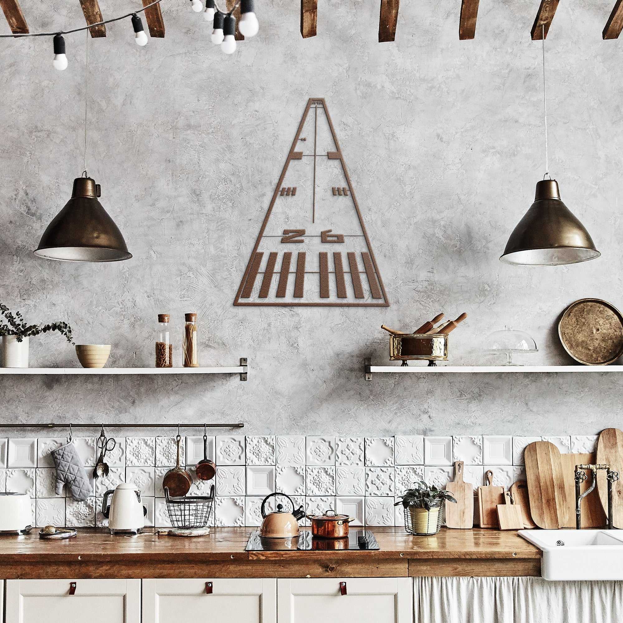 Metal Wall Art Runway airplane sign aviation decor hanging in kitchen with rustic and industrial style