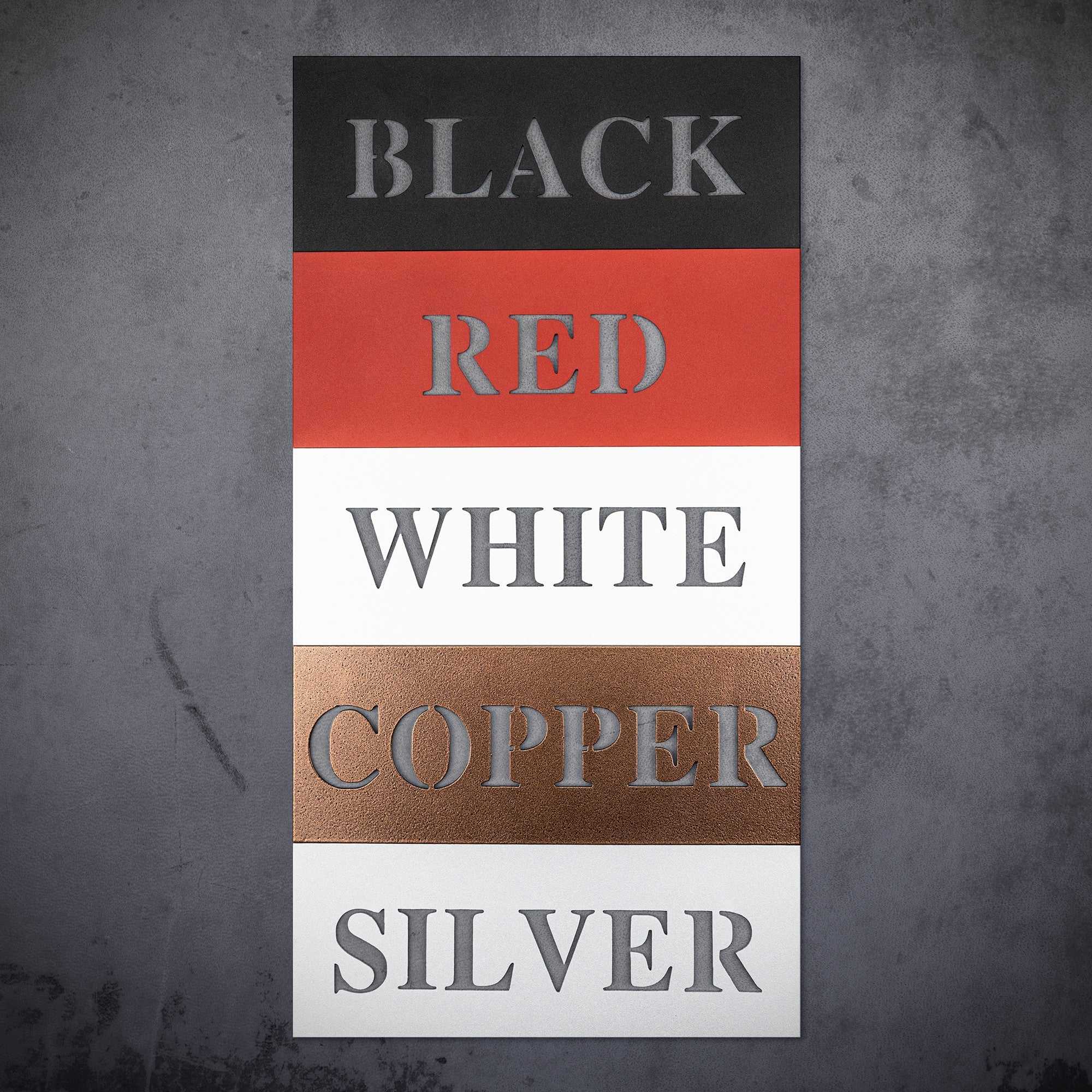Color swatches featuring black, red, white, copper, and silver for vintage airplane metal wall art.