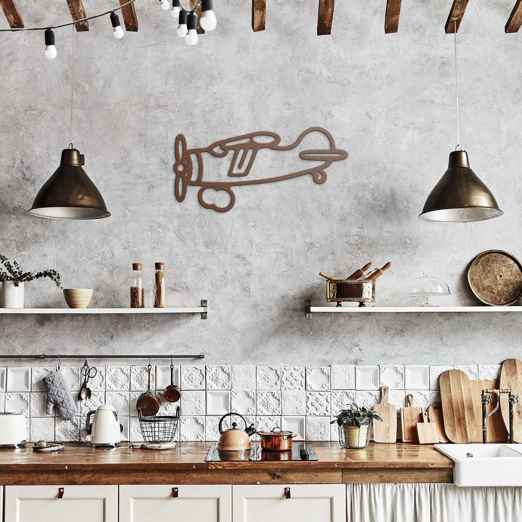 Vintage airplane metal wall art hanging in a modern kitchen with industrial decor.