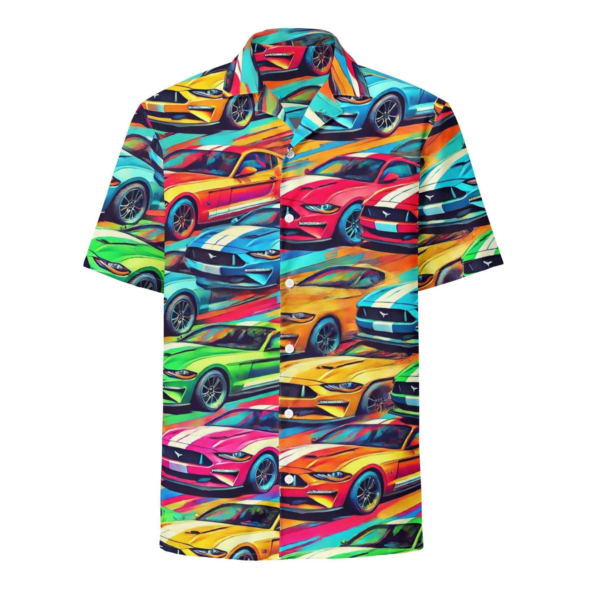 Colorful Mustang button up shirt with vibrant car print, lightweight and breathable fabric, oversized fit, UPF50+ protection