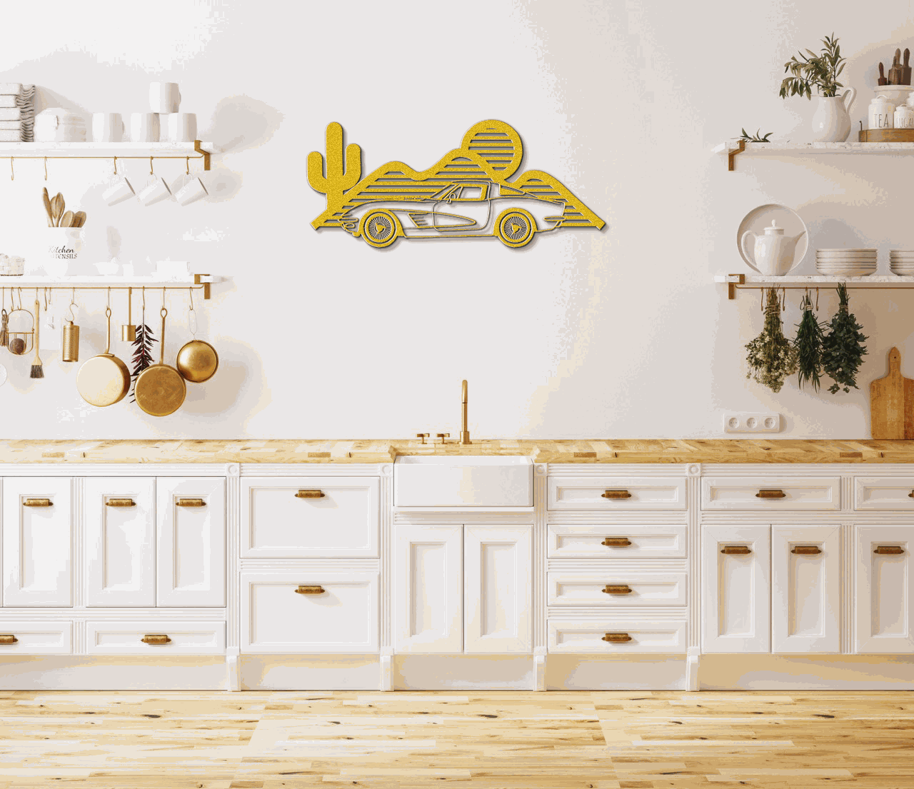 Yellow Corvette silhouette metal wall art mounted on kitchen wall above sink