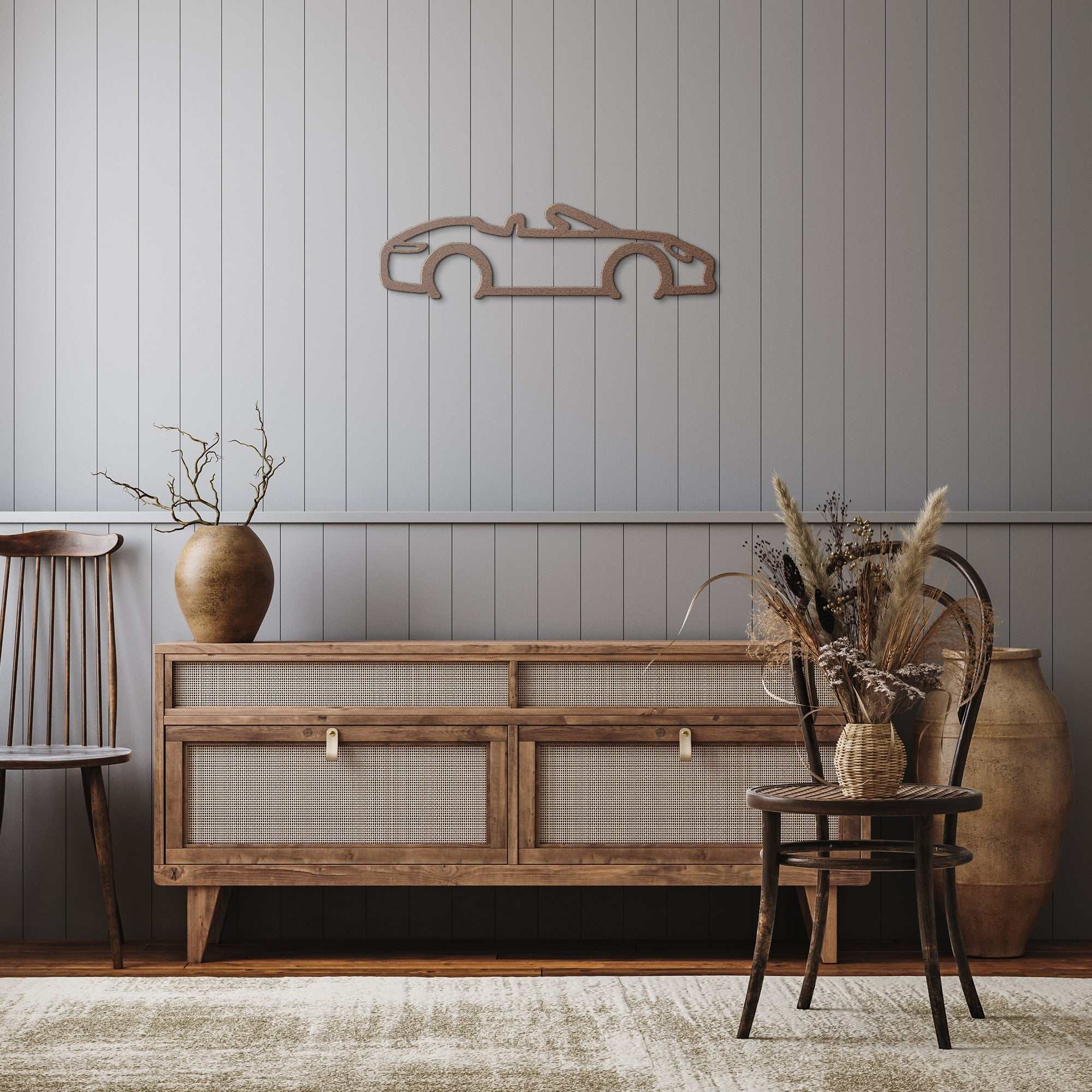 Automotive metal wall art featuring a convertible car silhouette in powder-coated steel