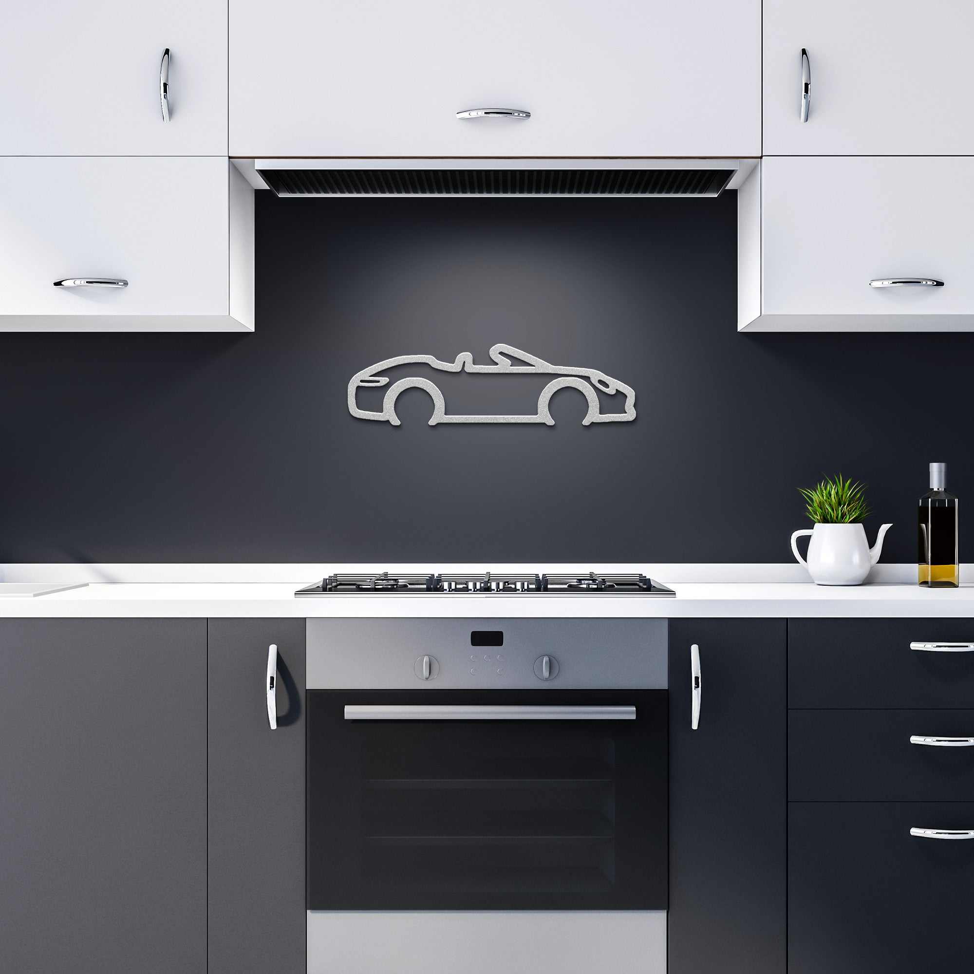 Automotive metal wall art convertible silhouette in powder-coated steel mounted on kitchen wall above stove.