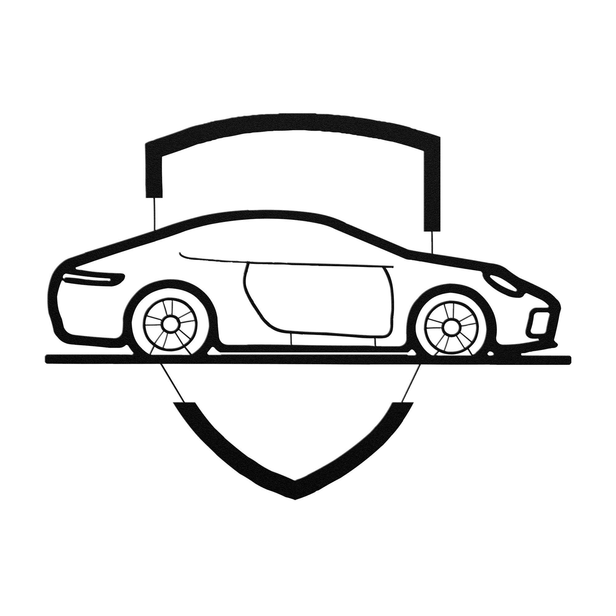 elegant metal sign featuring a sleek car outline with shield emblem in black steel design