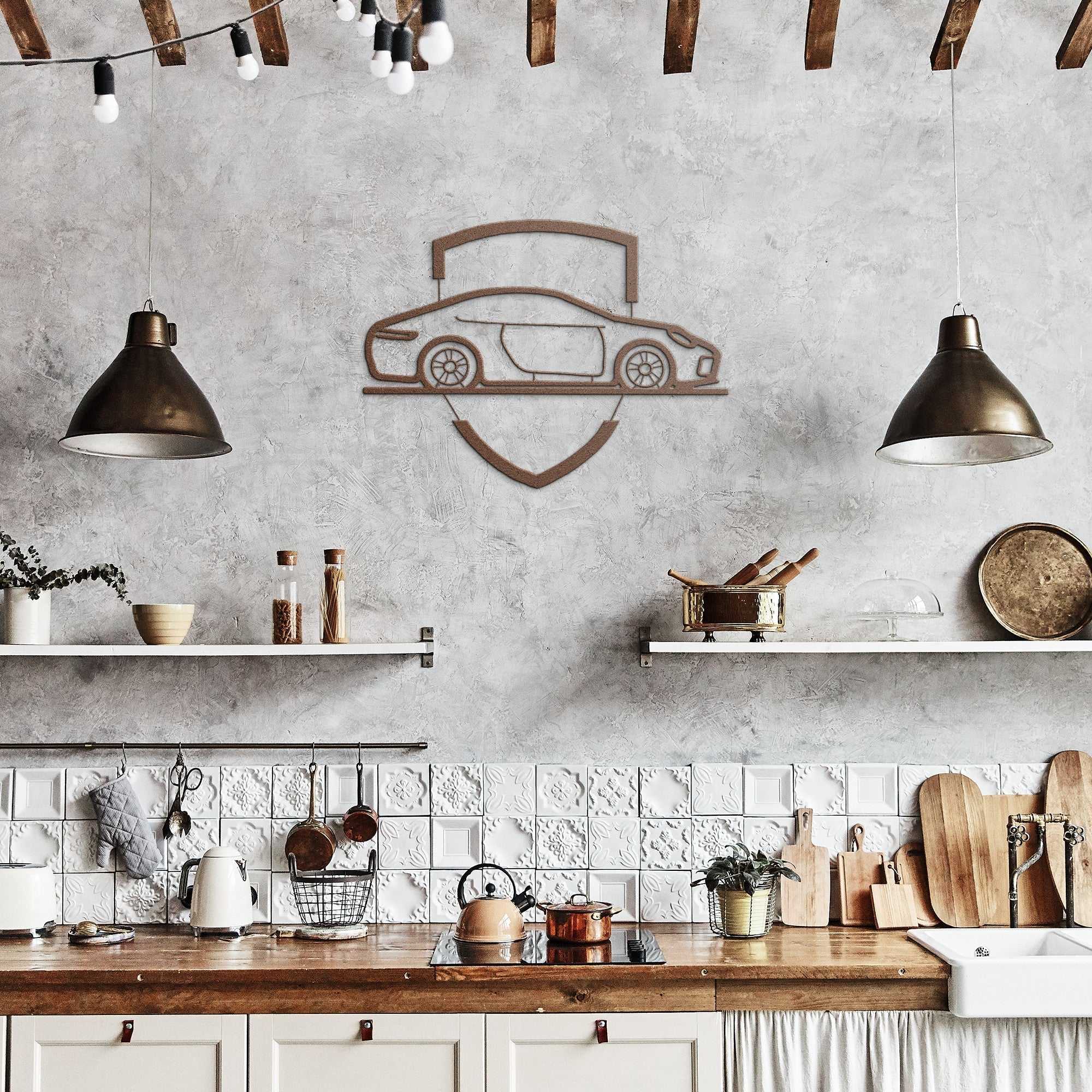 Elegant metal sign car emblem wall decor in rustic kitchen setting