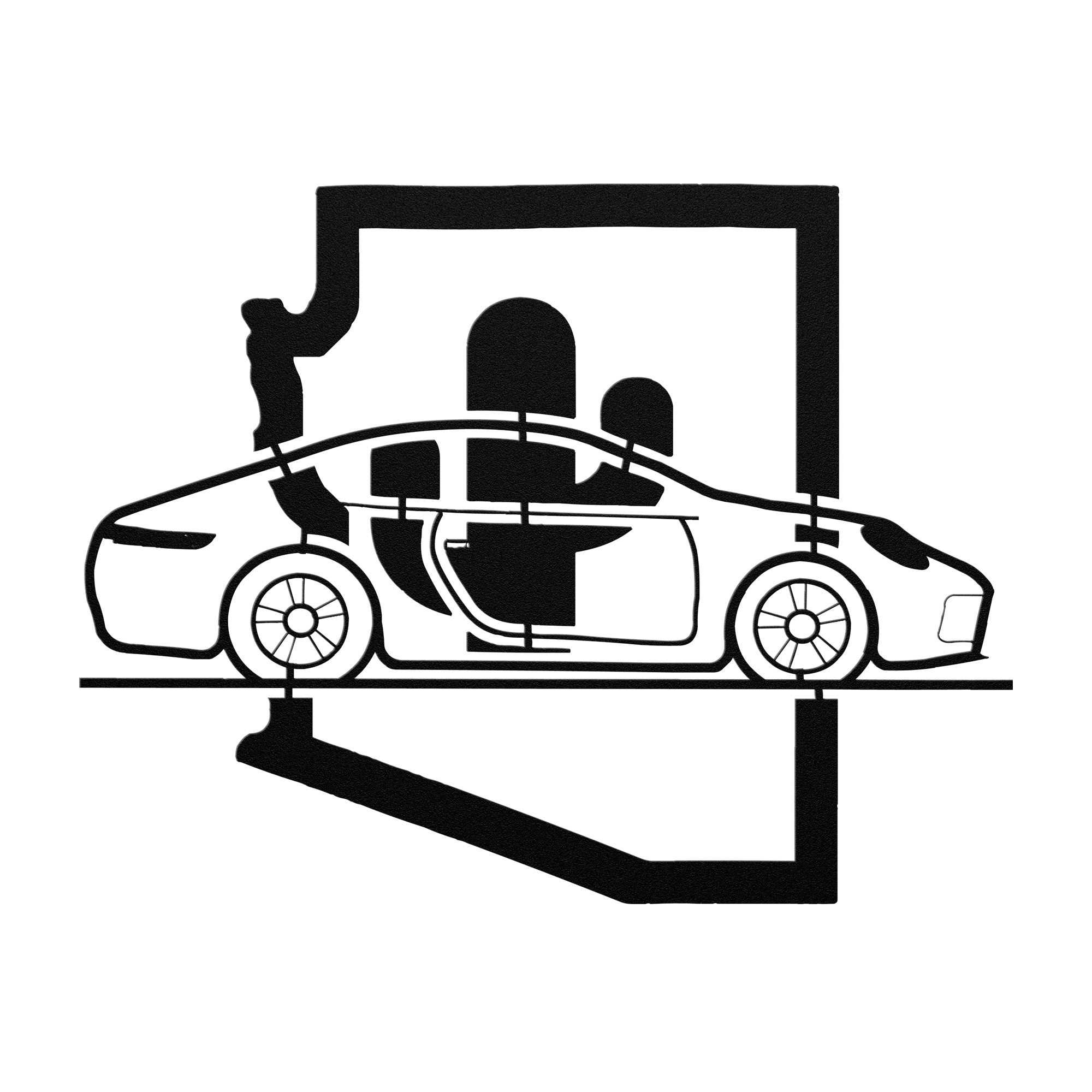 Nine Eleven Arizona cactus wall art in black powder-coated steel featuring a sleek car silhouette within Arizona state outline for automotive western decor.