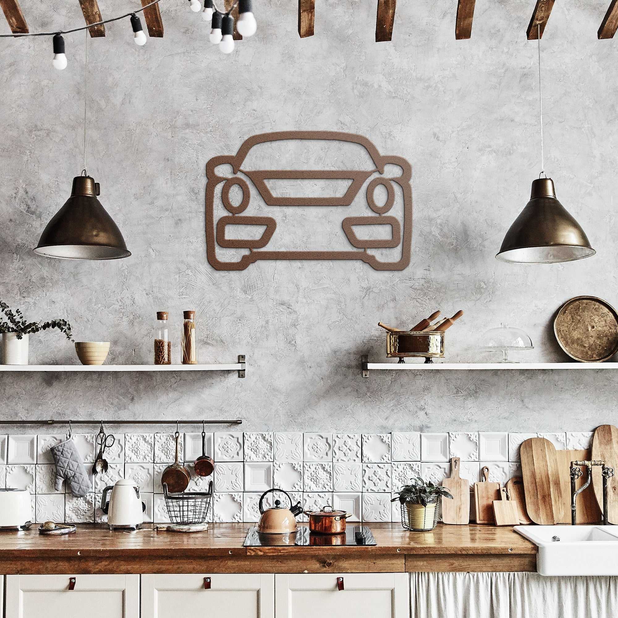 Metal wall art car design in rustic kitchen with concrete wall and wooden shelves
