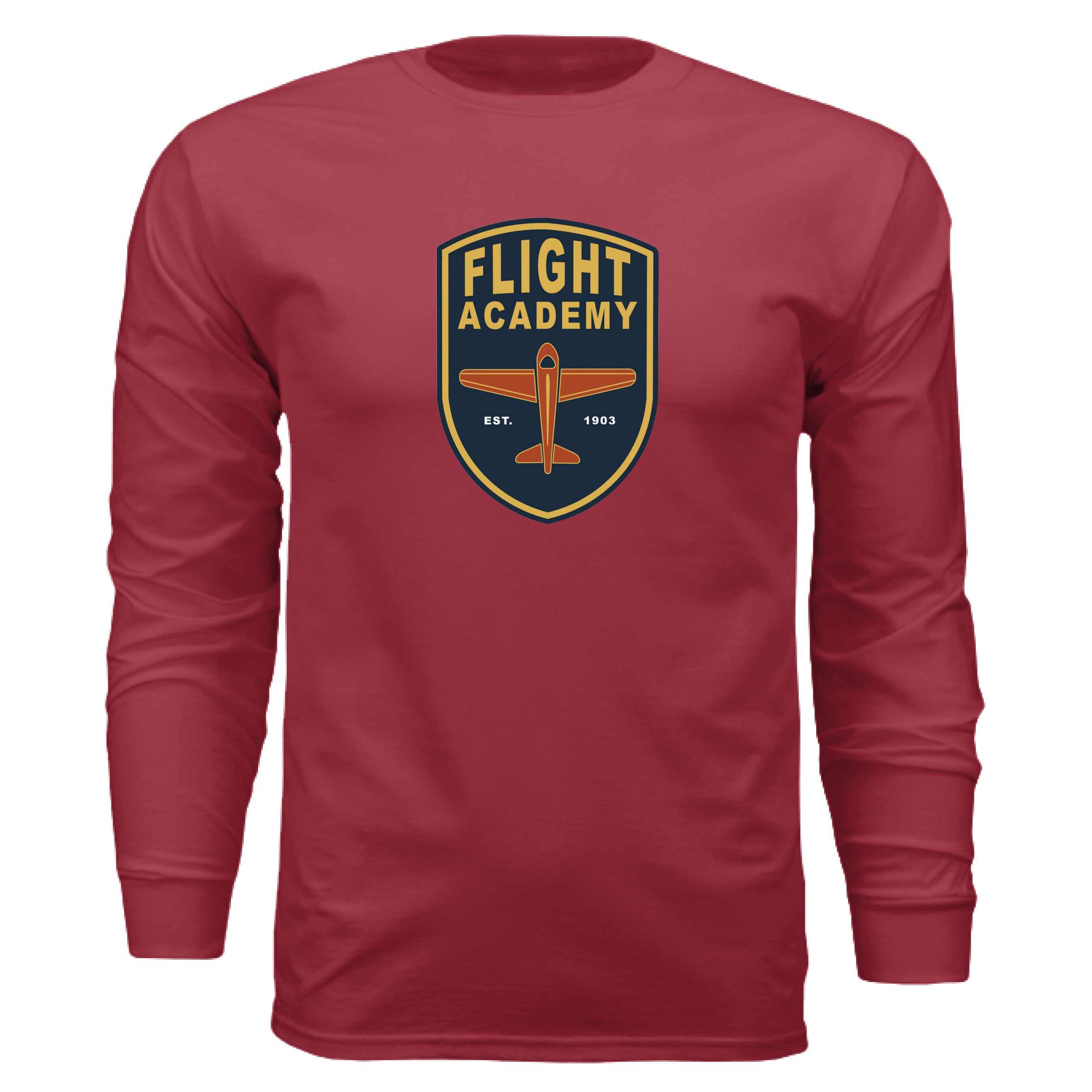 Flight Academy long sleeve t-shirt in red with aviation logo, made from 100% combed cotton, tailored fit and ribbed cuffs