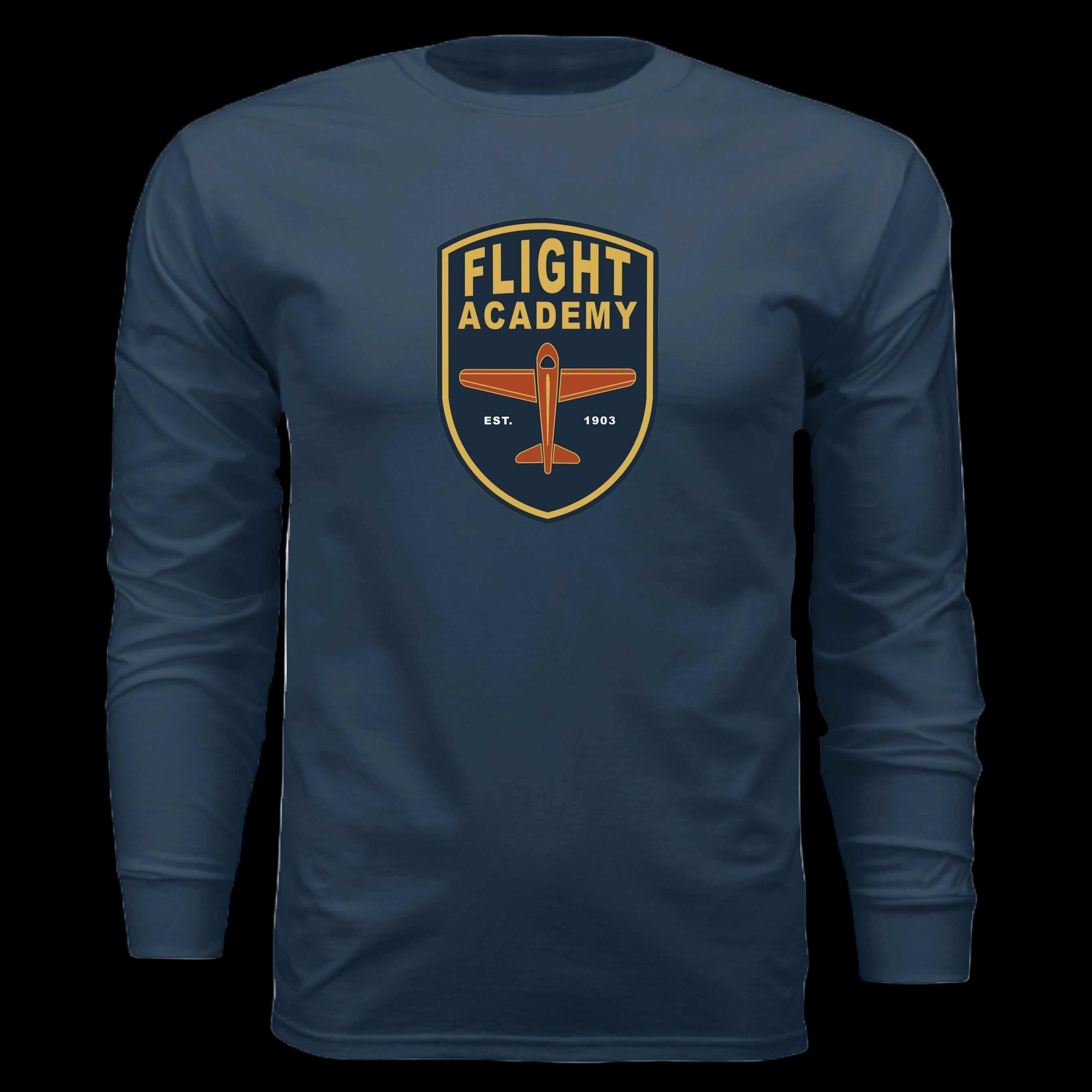 Flight Academy long sleeve t-shirt in navy blue with embroidered airplane logo and fitted ribbed cuffs