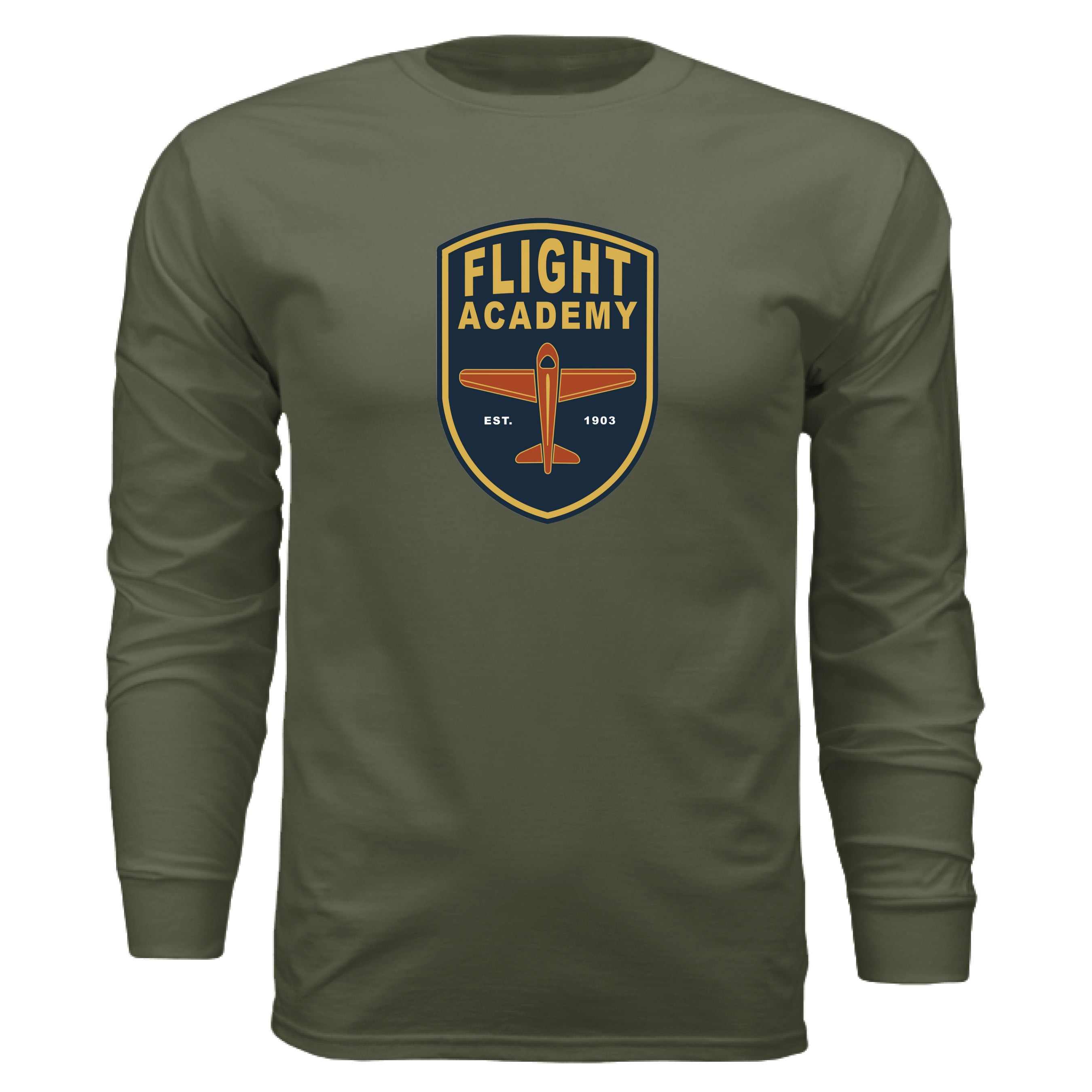 Flight academy long sleeve t-shirt with airplane logo in olive green color