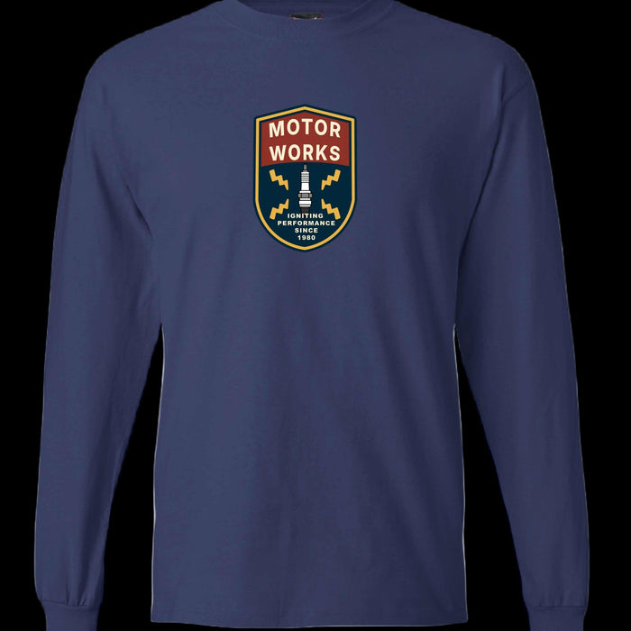 Motor Works long sleeve T-Shirt with retro garage design for car lovers in navy blue
