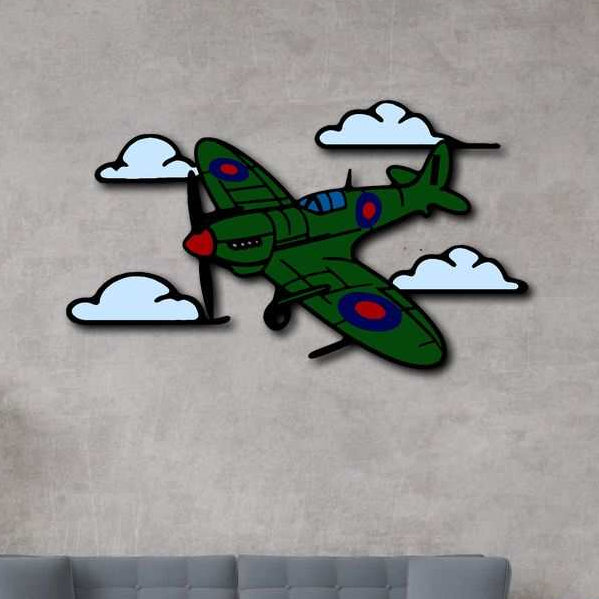 Multicolor metal sign featuring a green Spitfire airplane with clouds, made of durable 16-gauge steel for indoor and outdoor wall decor