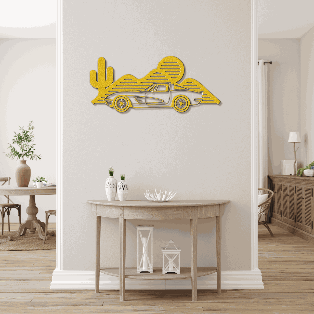 Yellow Corvette silhouette metal wall art mounted on a beige wall above a console table in a modern home interior