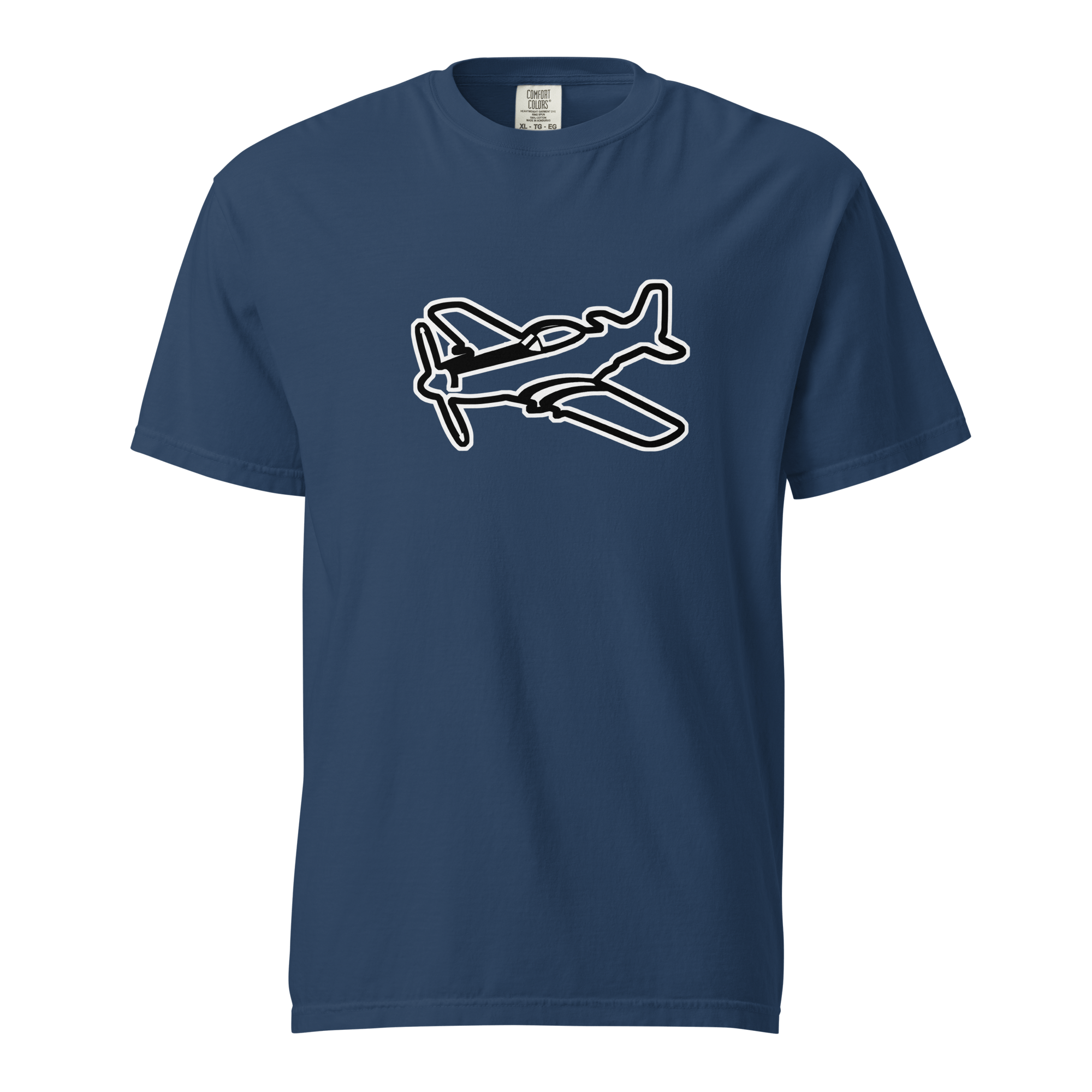 P51 Black and White graphic on navy unisex heavyweight 100% cotton t-shirt