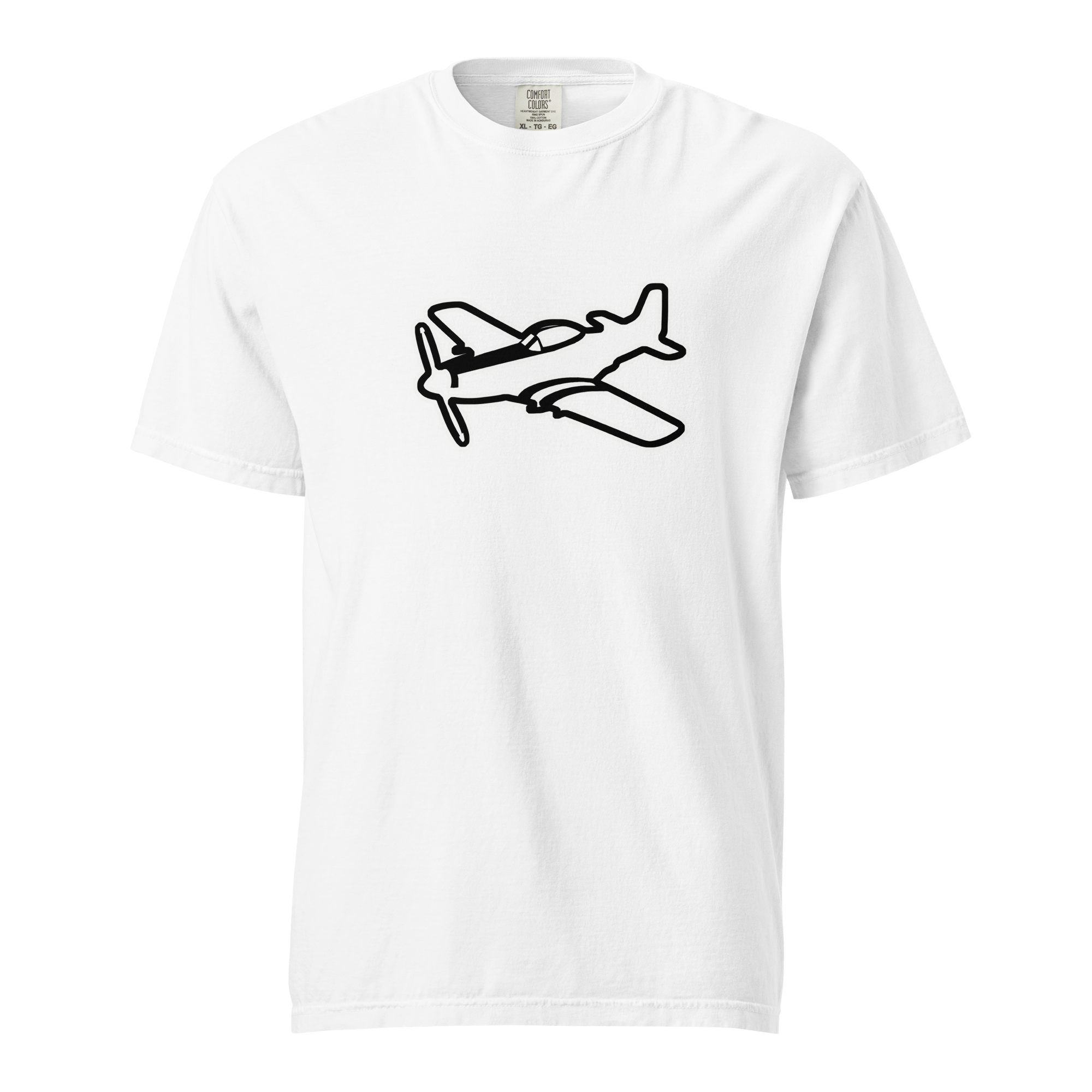 P51 Black and White unisex heavyweight white cotton t-shirt with black airplane graphic