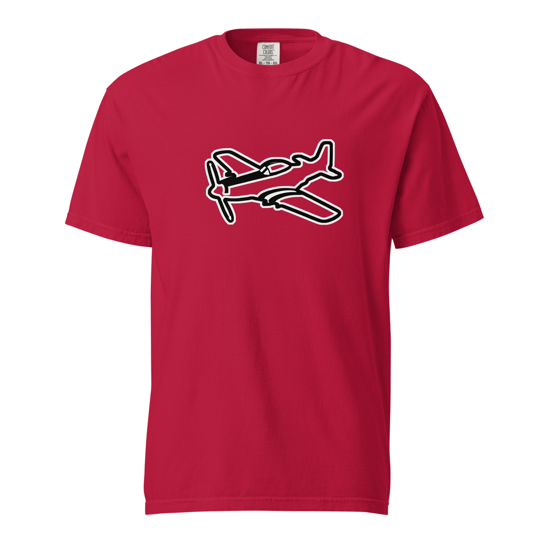 Red heavyweight unisex t-shirt with black and white P51 airplane graphic, 100% ring-spun cotton, relaxed fit