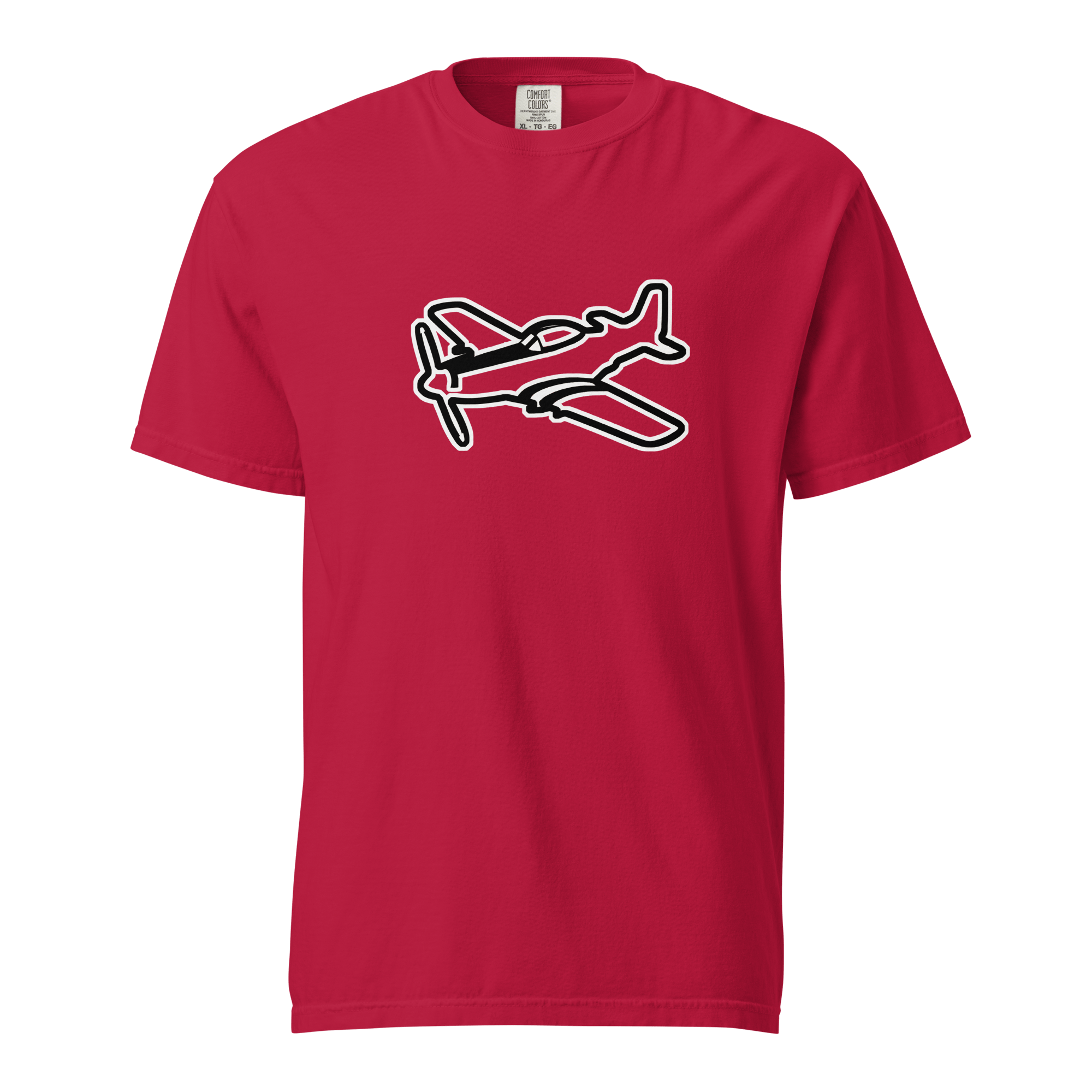 Red heavyweight unisex t-shirt with black and white P51 airplane graphic, 100% ring-spun cotton, relaxed fit, durable stitching.
