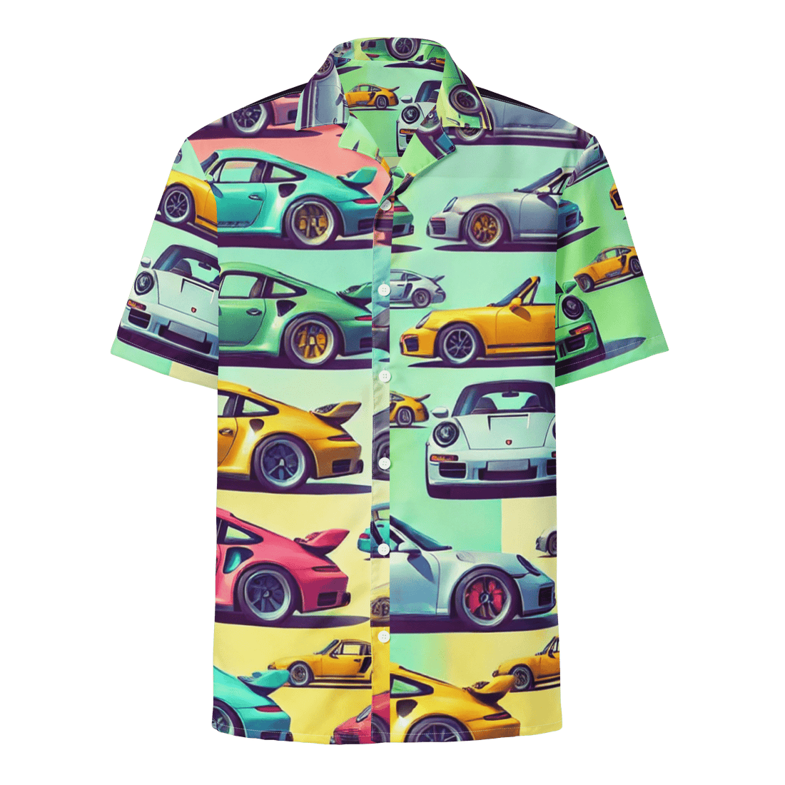 Colorful PCAR Button Ups shirt with car print, lightweight moisture-wicking fabric, oversized fit, and UPF50+ protection.