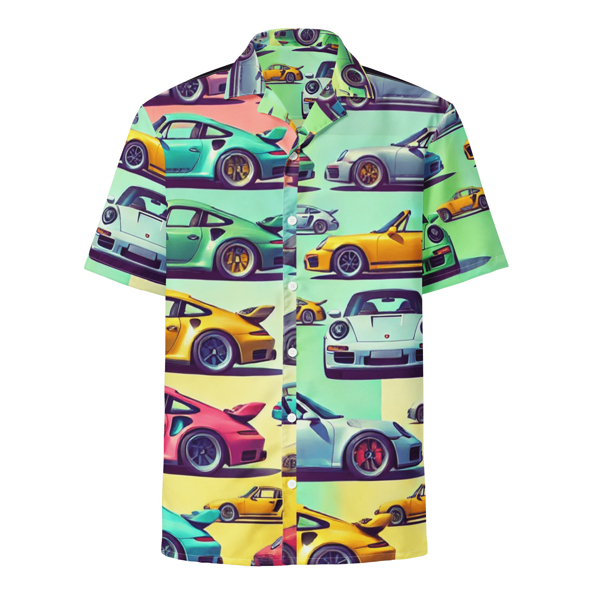 PCAR Button Ups summer shirt with colorful car print, breathable moisture-wicking fabric, oversized fit, and UPF50+ protection