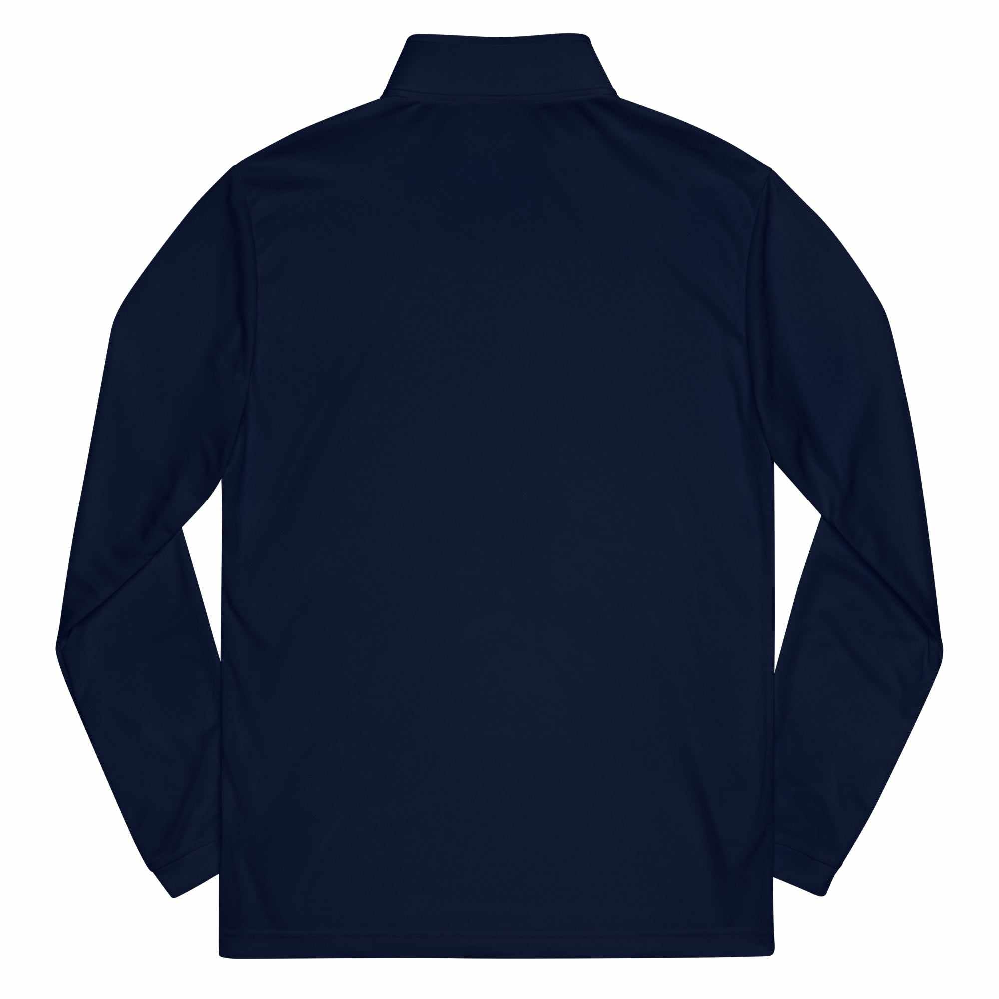 Navy blue eco-friendly Pilot Quarter zip pullover with long sleeves and self-mock collar, back view