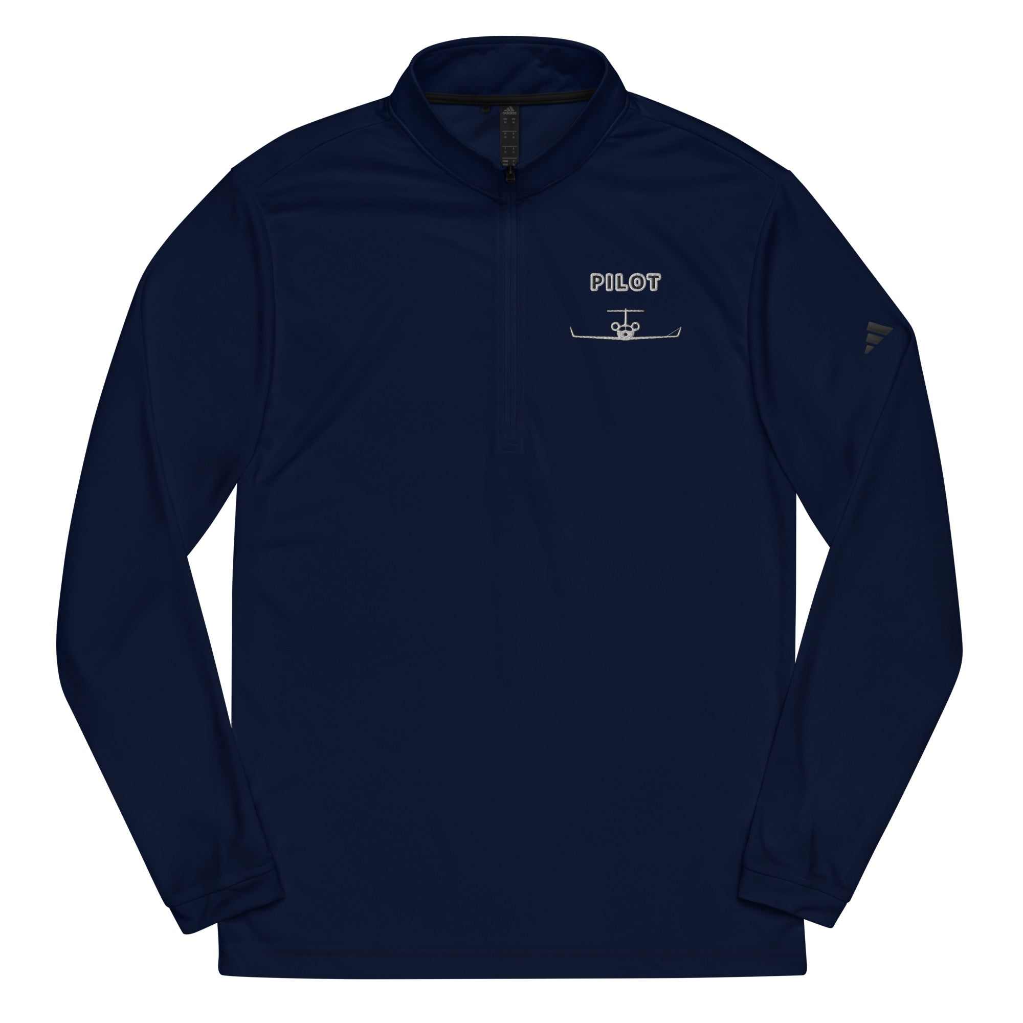 navy blue Pilot Quarter zip pullover with self-mock collar and UPF 50+ protection