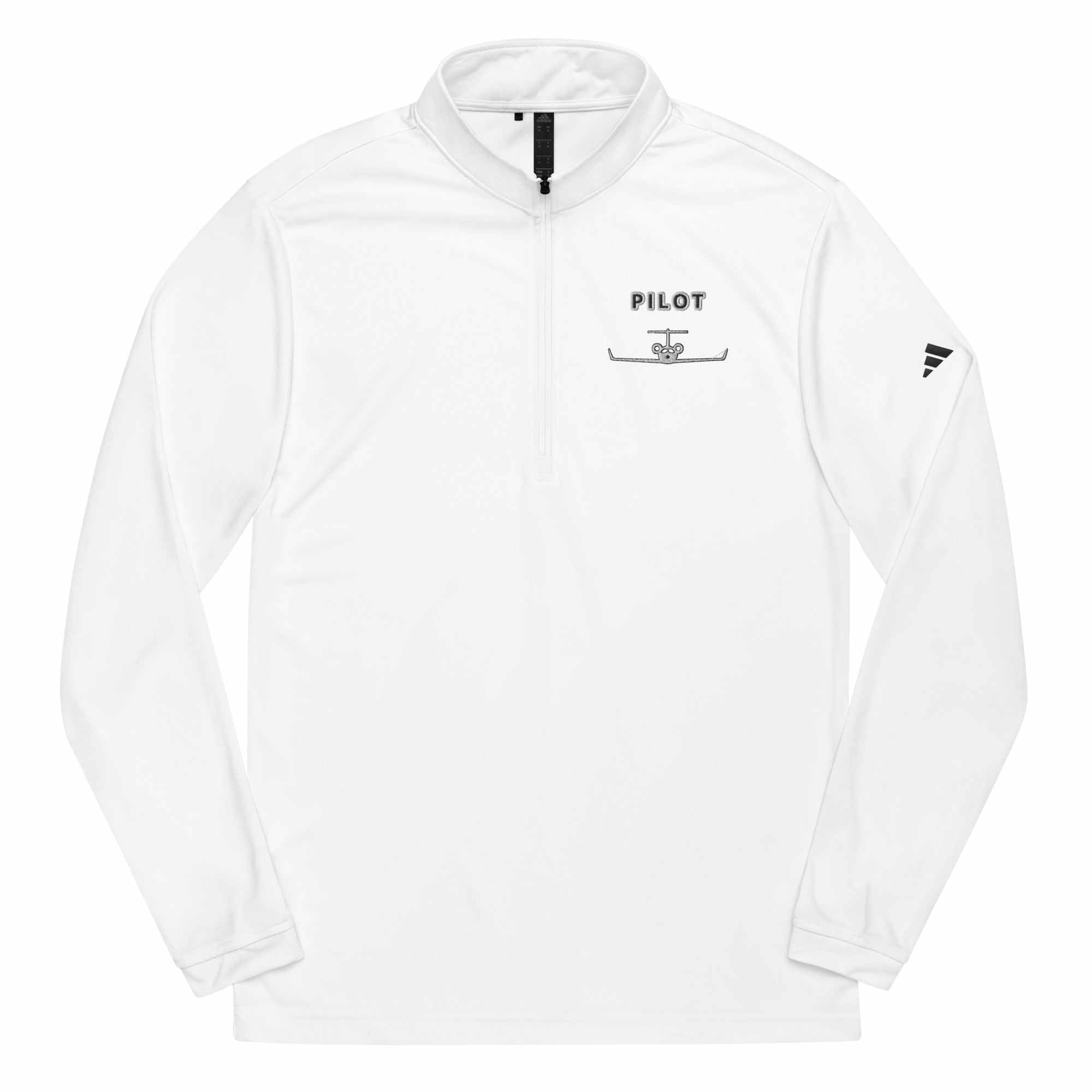 White Pilot Quarter zip pullover with self-mock collar, long sleeves, and embroidered logo on chest and sleeve, made from 100% recycled polyester with sweat-wicking and UPF 50+ protection.