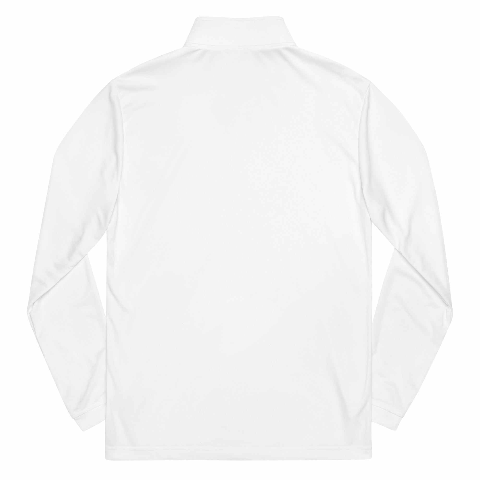 White eco-friendly Pilot Quarter zip pullover made of 100% recycled polyester with long sleeves and self-mock collar.