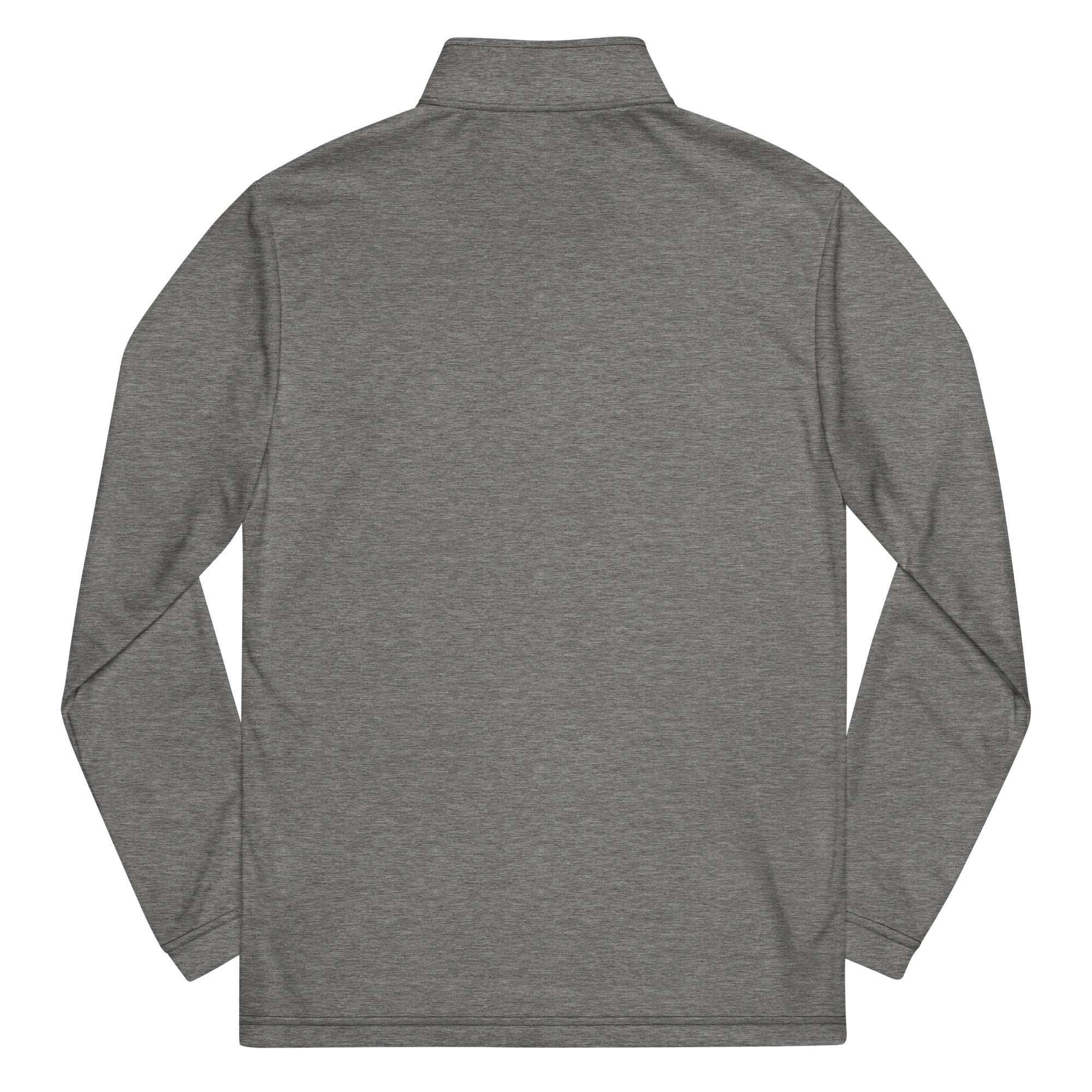 Back view of grey Pilot Quarter zip pullover made of 100% recycled polyester with sweat-wicking and UPF 50+ protection features