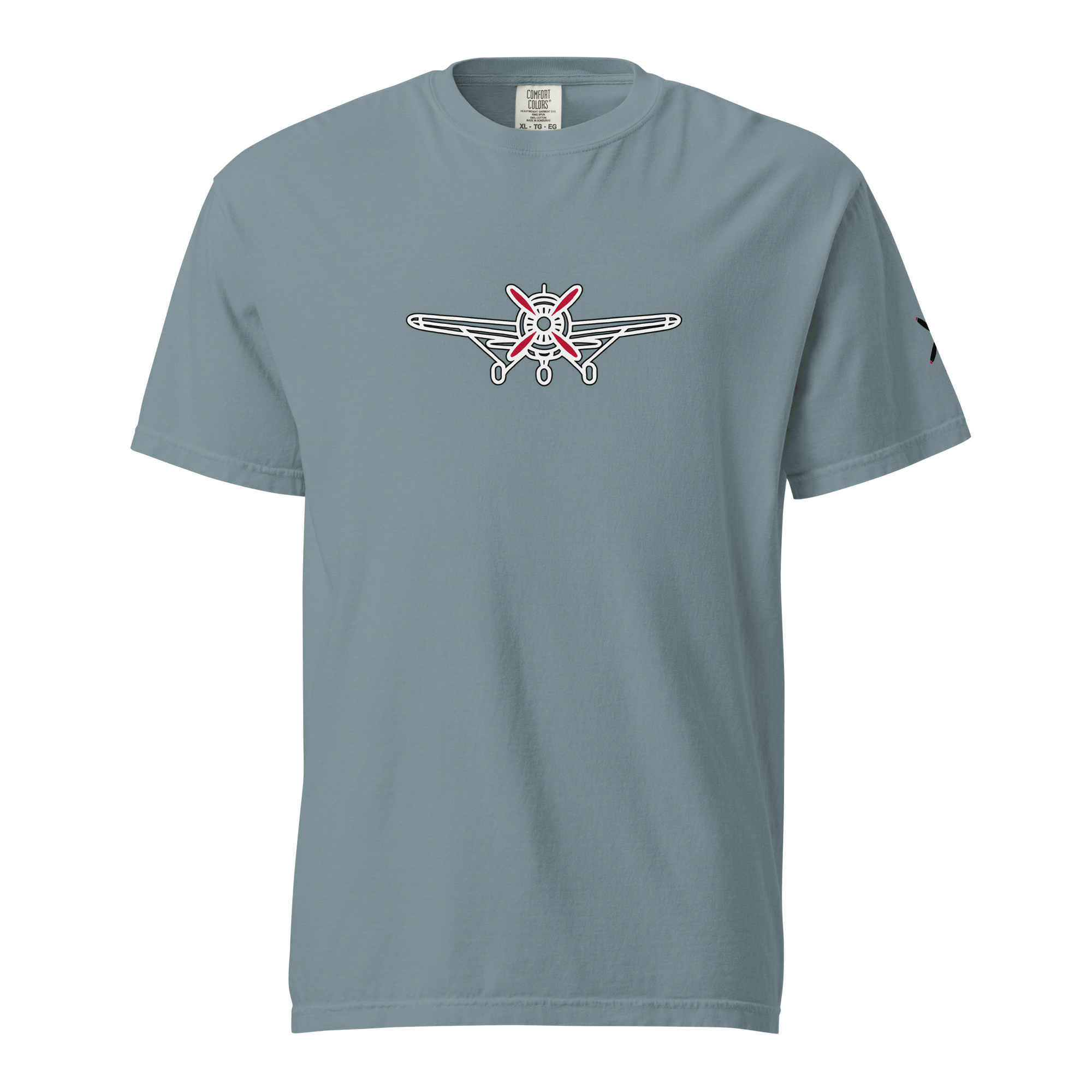 Plane 5 thick structured tee in blue with airplane graphic on chest, made of 100% ring-spun cotton, breathable and durable.