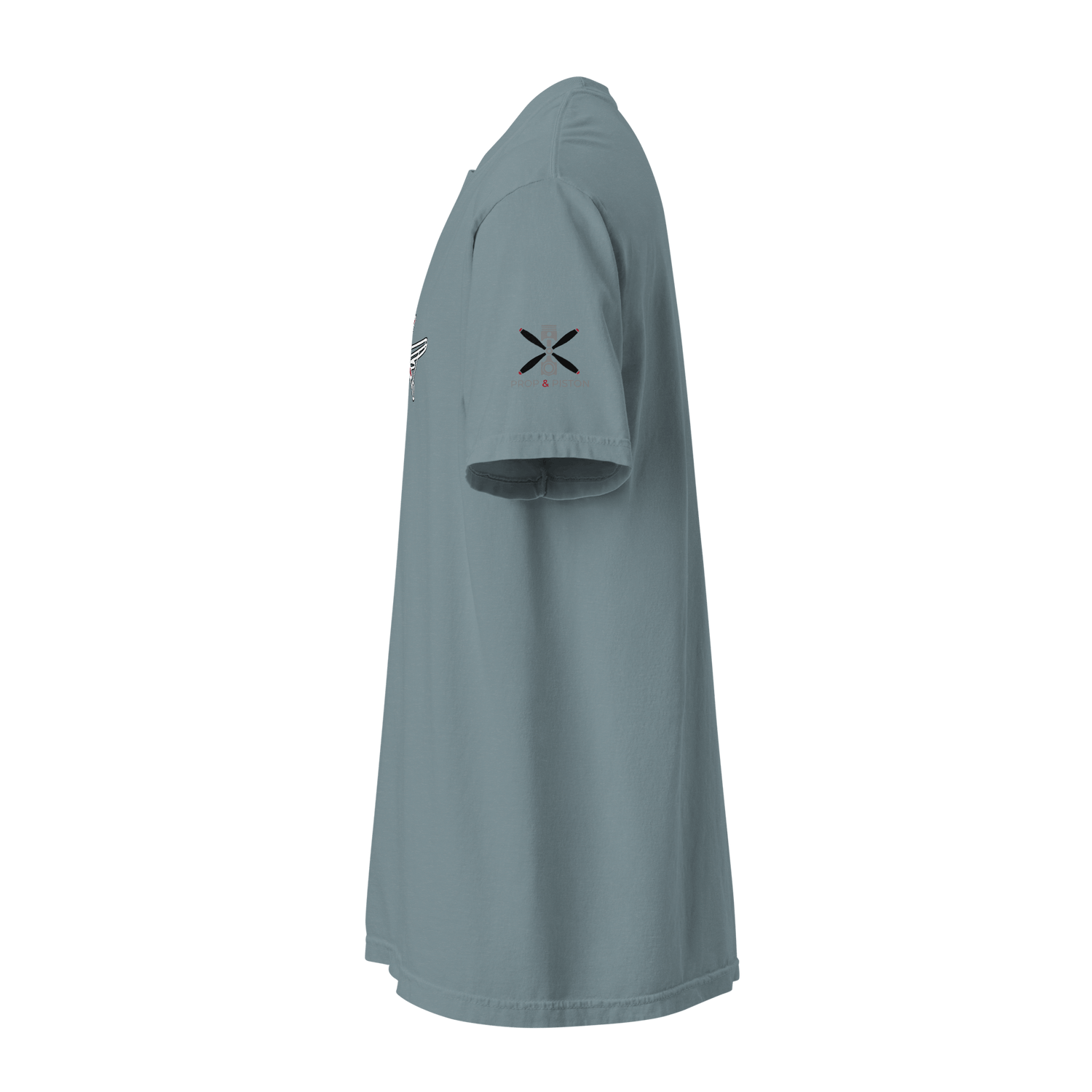 Side view of Plane 5 thick structured tee in blue, 100% ring-spun cotton, relaxed fit, garment-dyed heavyweight t-shirt