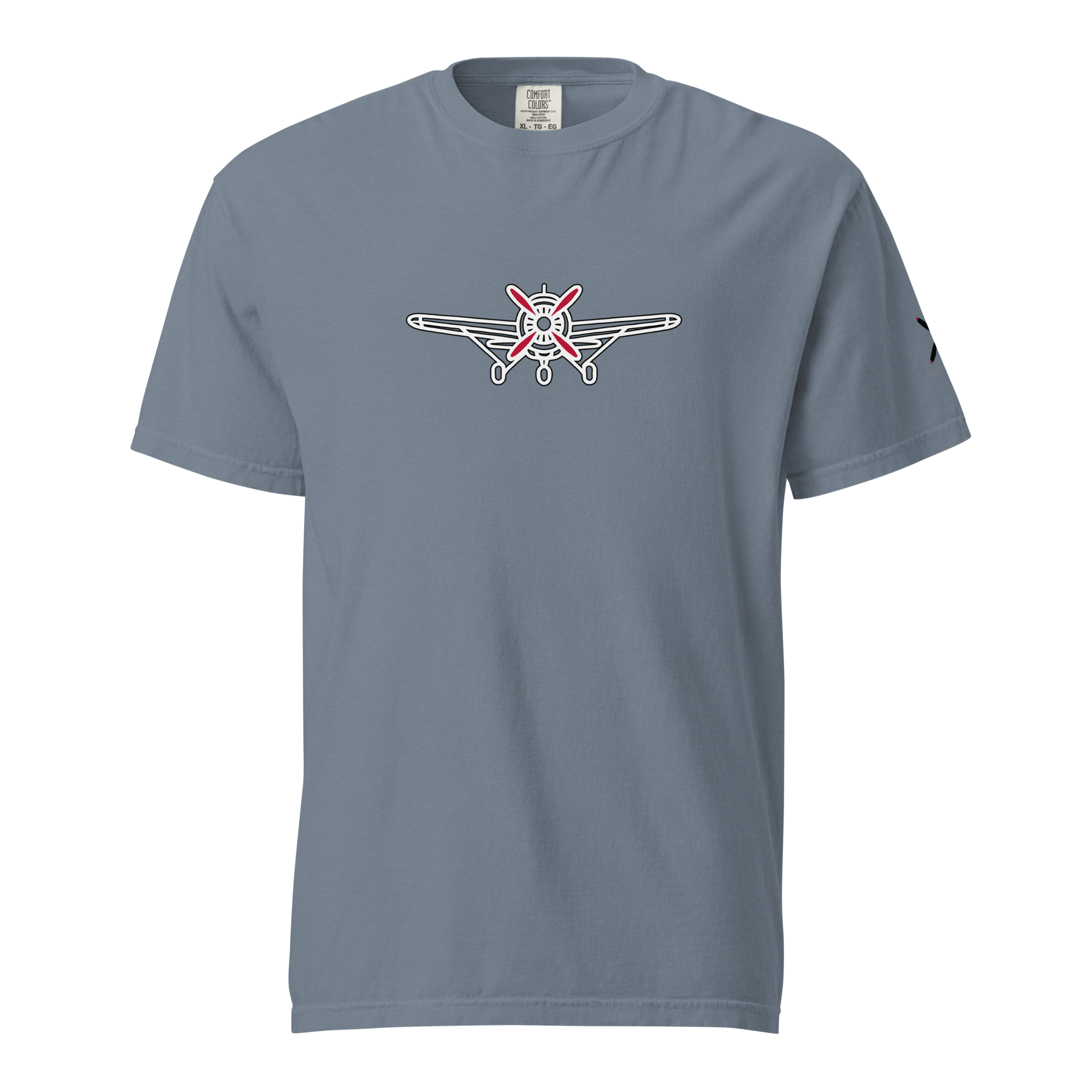 Plane 5 thick structured tee in gray with airplane graphic on front, made of 100% ring-spun cotton, relaxed fit.