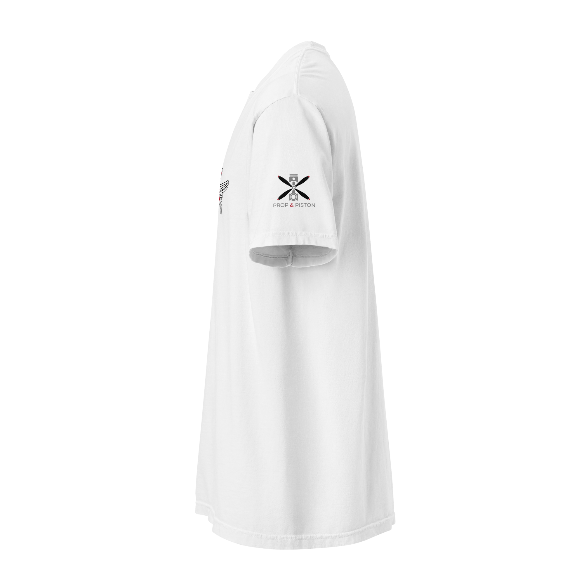 Side view of white Plane 5 thick structured tee made from 100% ring-spun cotton with durable stitching and relaxed fit.