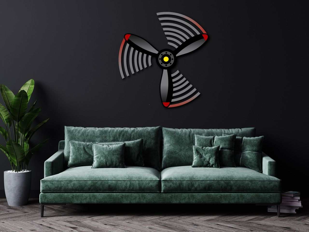 Multicolor metal sign propeller spin wall art above green sofa in modern living room