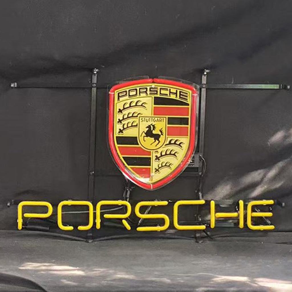 Porsche neon sign light with glass tube and metal grid backing, ideal for indoor decor and parties