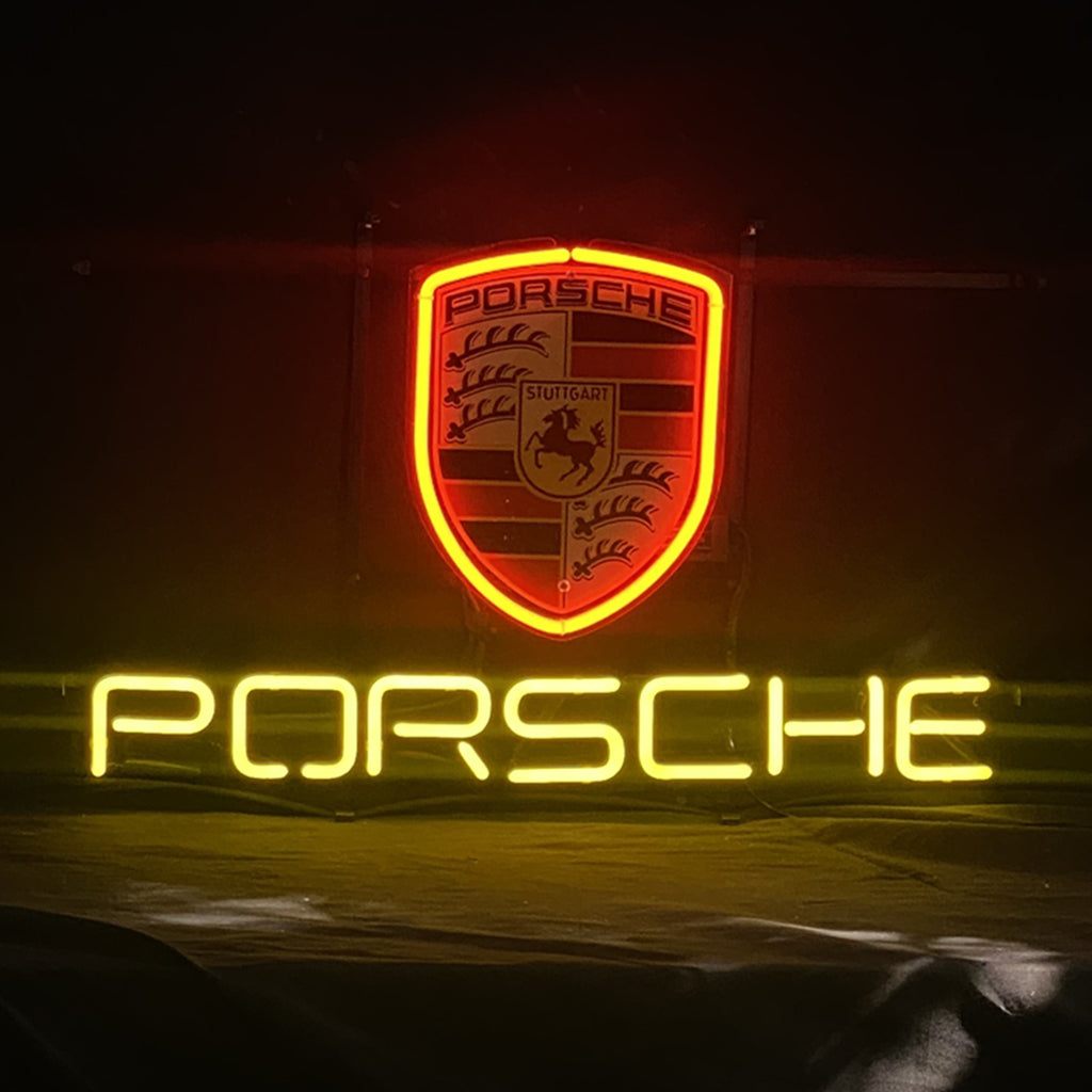 Porsche neon sign light with glass tube and metal grid, 19x15 inches, ideal for indoor decor and events