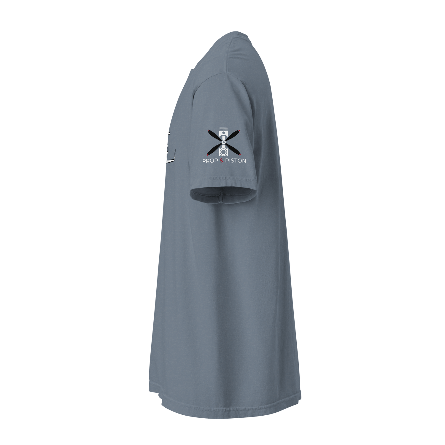 Side view of a Private Jet branded unisex heavyweight ring-spun cotton t-shirt in muted blue with short sleeves and durable stitched details