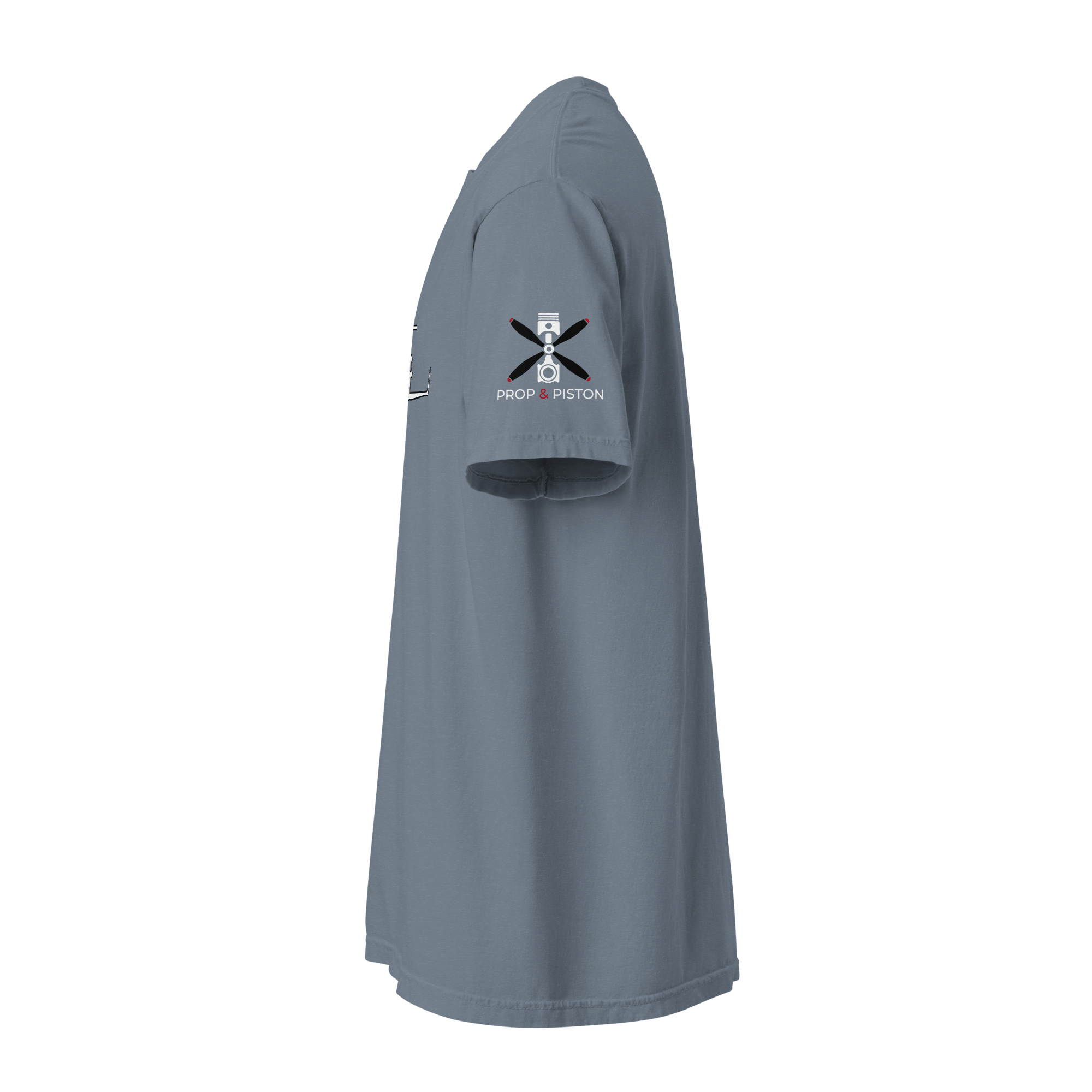 Side view of blue Private Jet unisex heavyweight ring-spun cotton t-shirt with Prop & Piston logo on sleeve