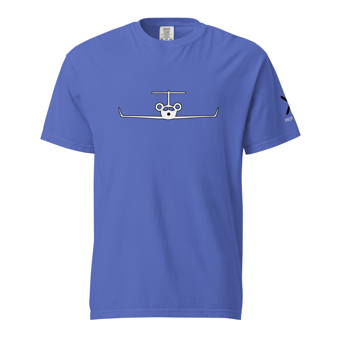 Unisex blue heavyweight t-shirt with private jet graphic on front and durable double-needle stitching