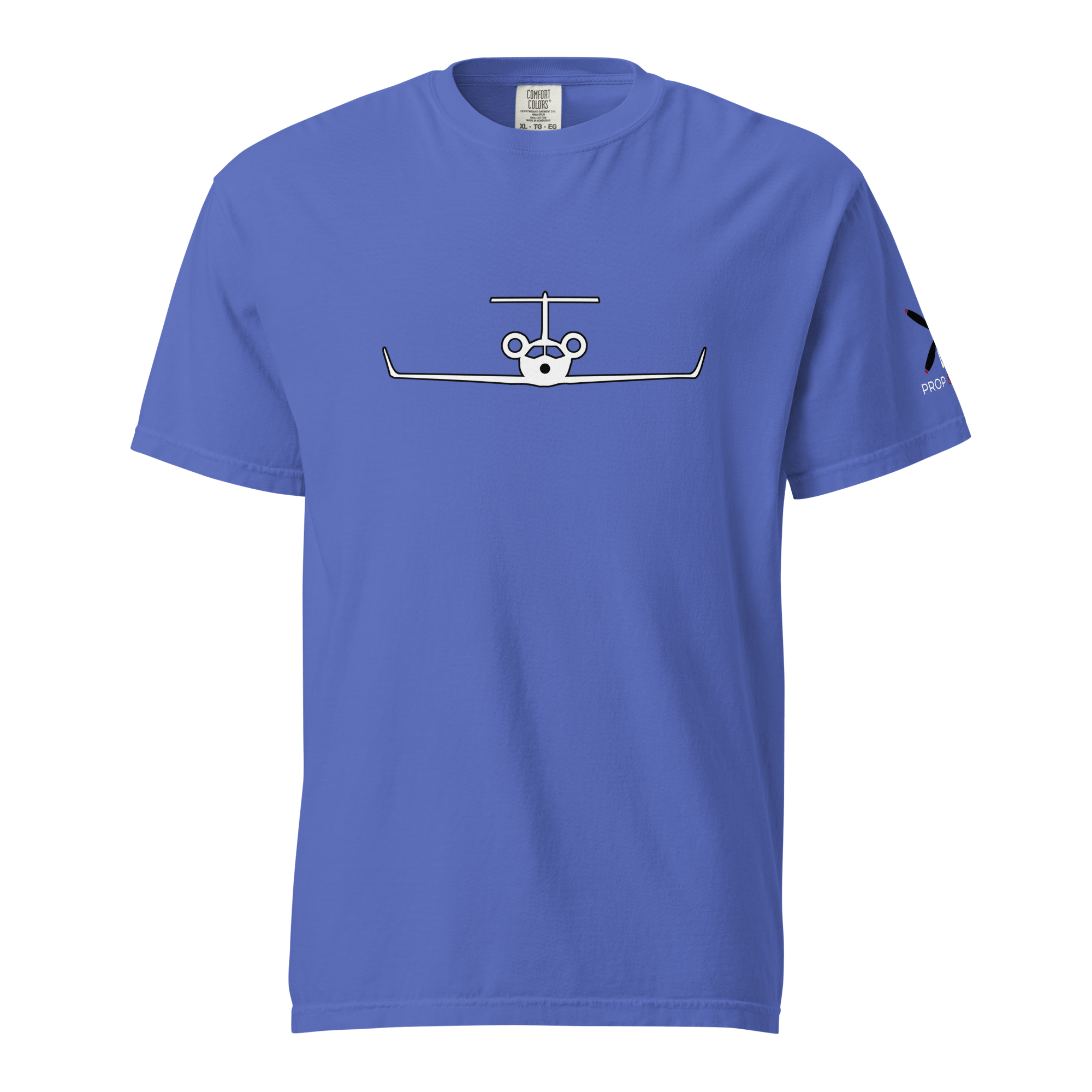 Blue garment-dyed heavyweight cotton t-shirt with private jet graphic and relaxed fit