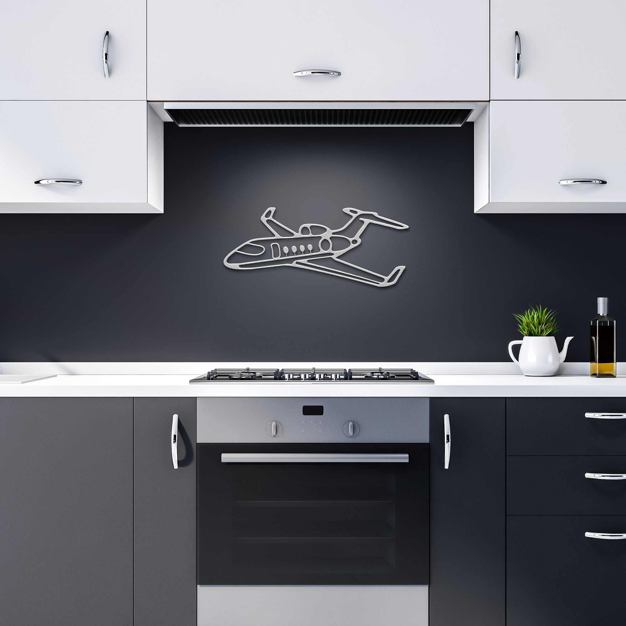 Elegant metal sign shaped like a private jet aircraft mounted on a modern kitchen wall
