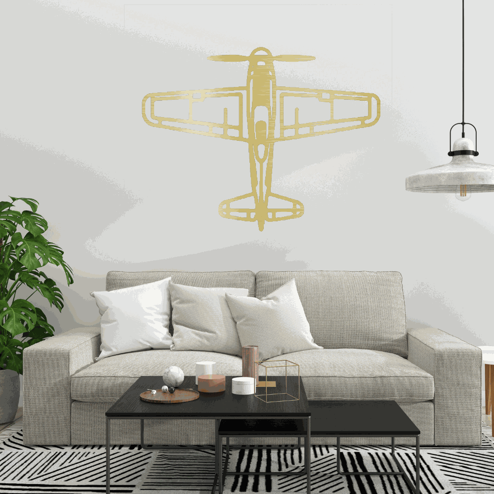 retro airplane metal art wall decor above sofa in modern living room