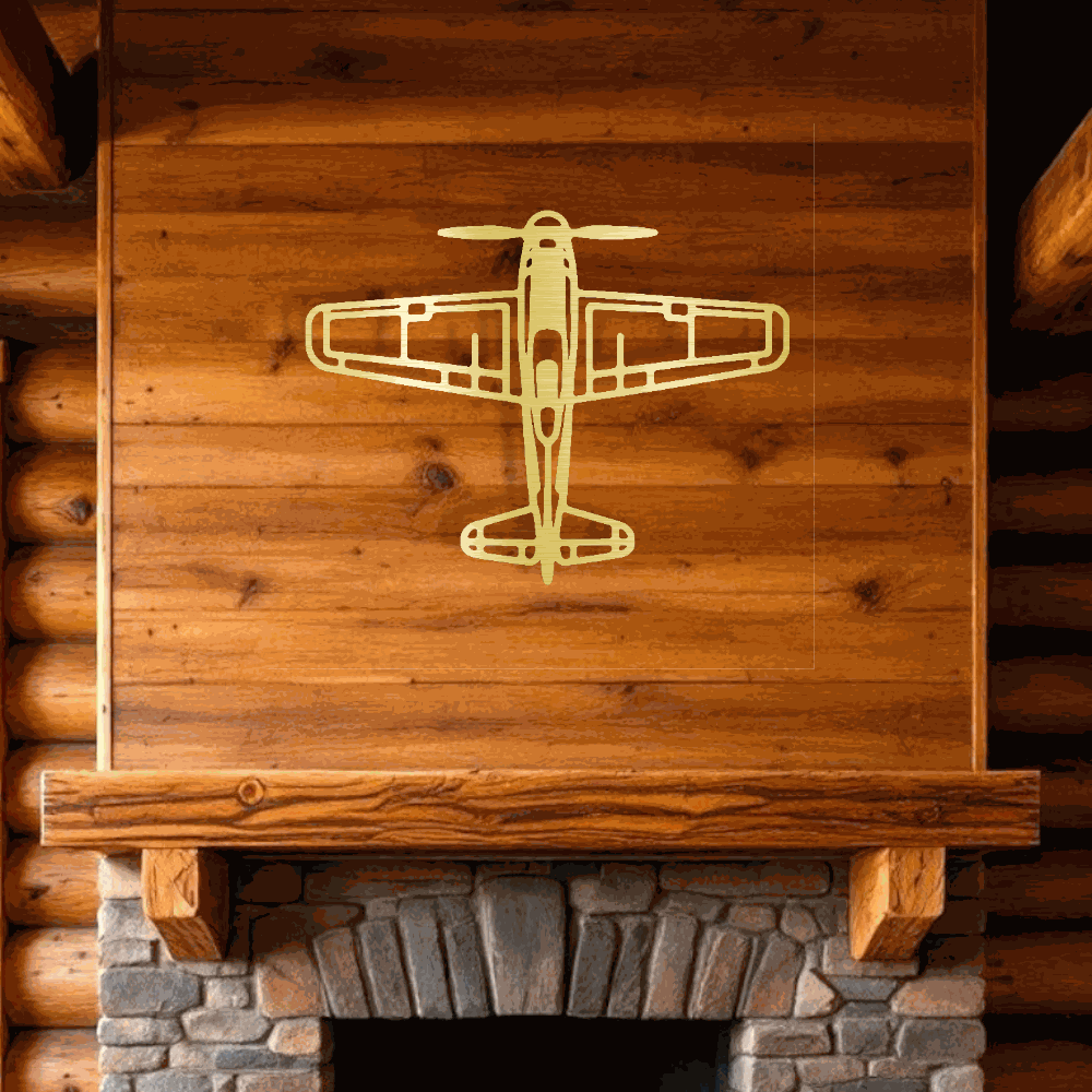 rustic airplane metal art wall decor above stone fireplace in wooden cabin interior