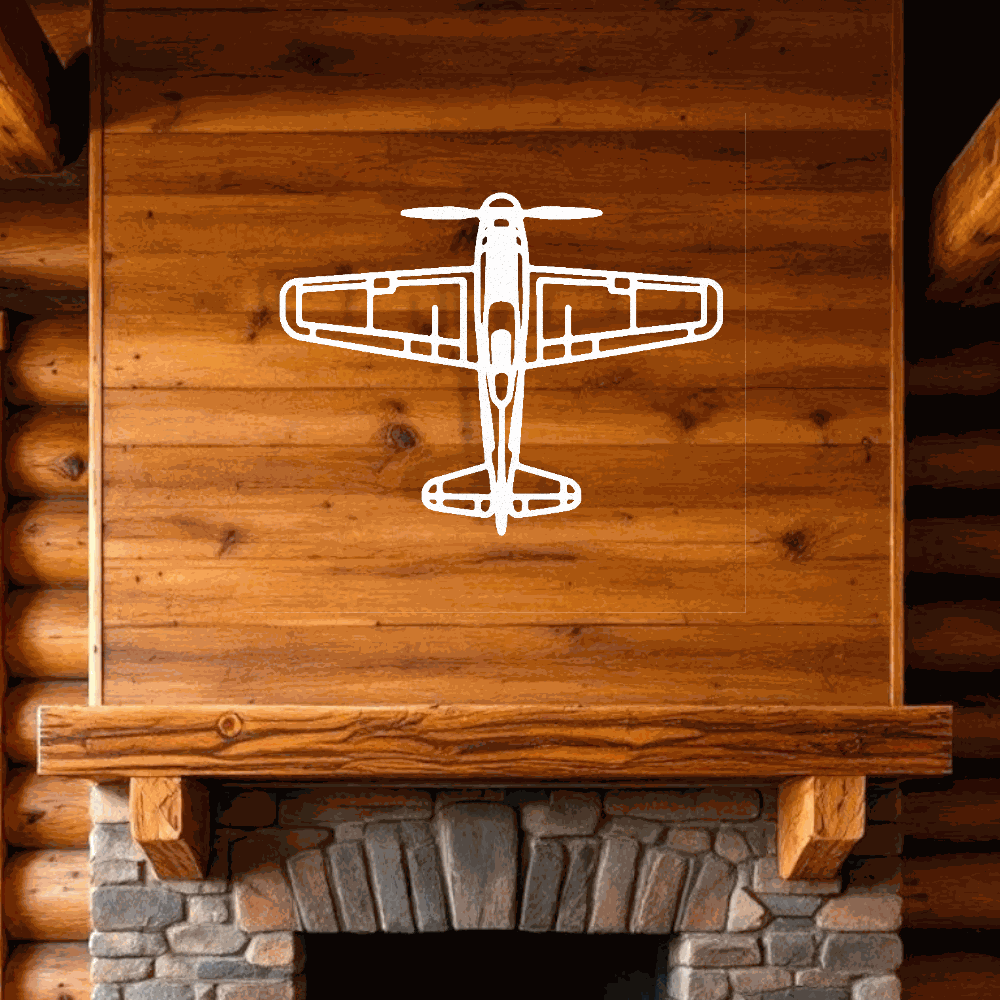 white airplane metal art wall decor in rustic wooden cabin above stone fireplace