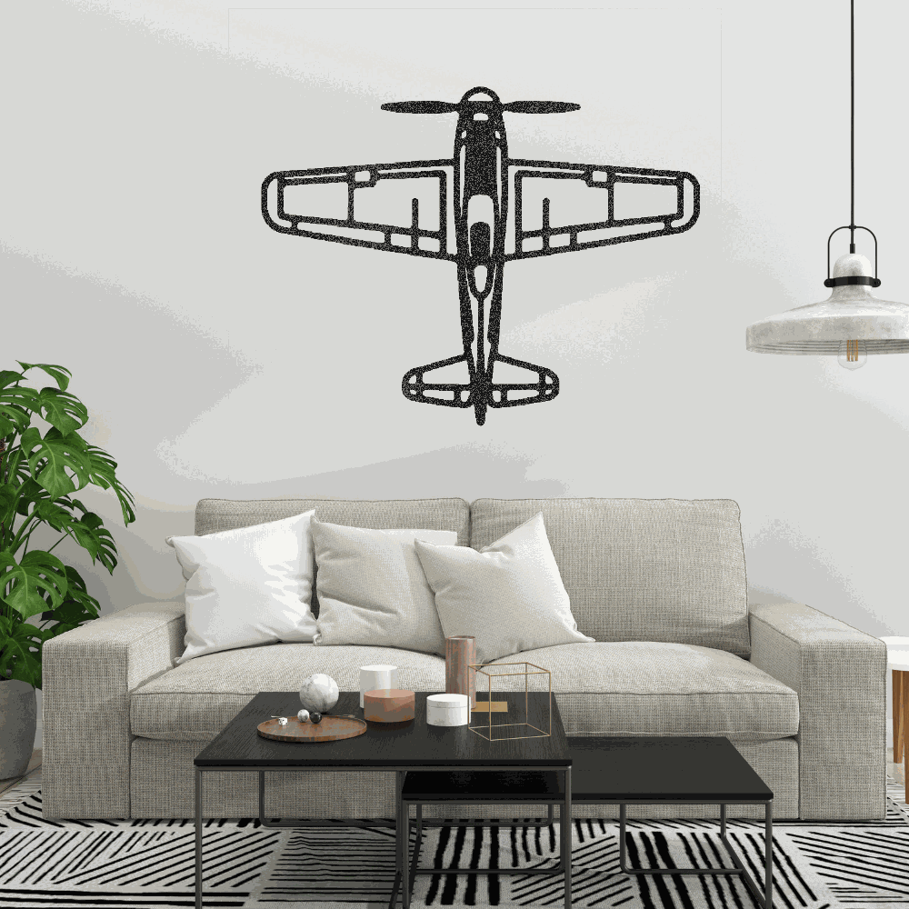 Rustic steel airplane metal art wall decor in modern living room with sofa and coffee table