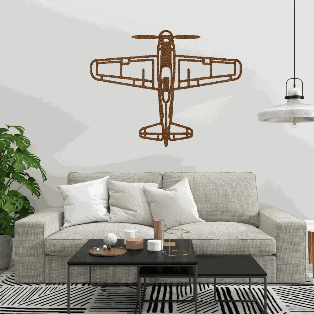 retro airplane metal art wall decor in living room with gray sofa and modern coffee table