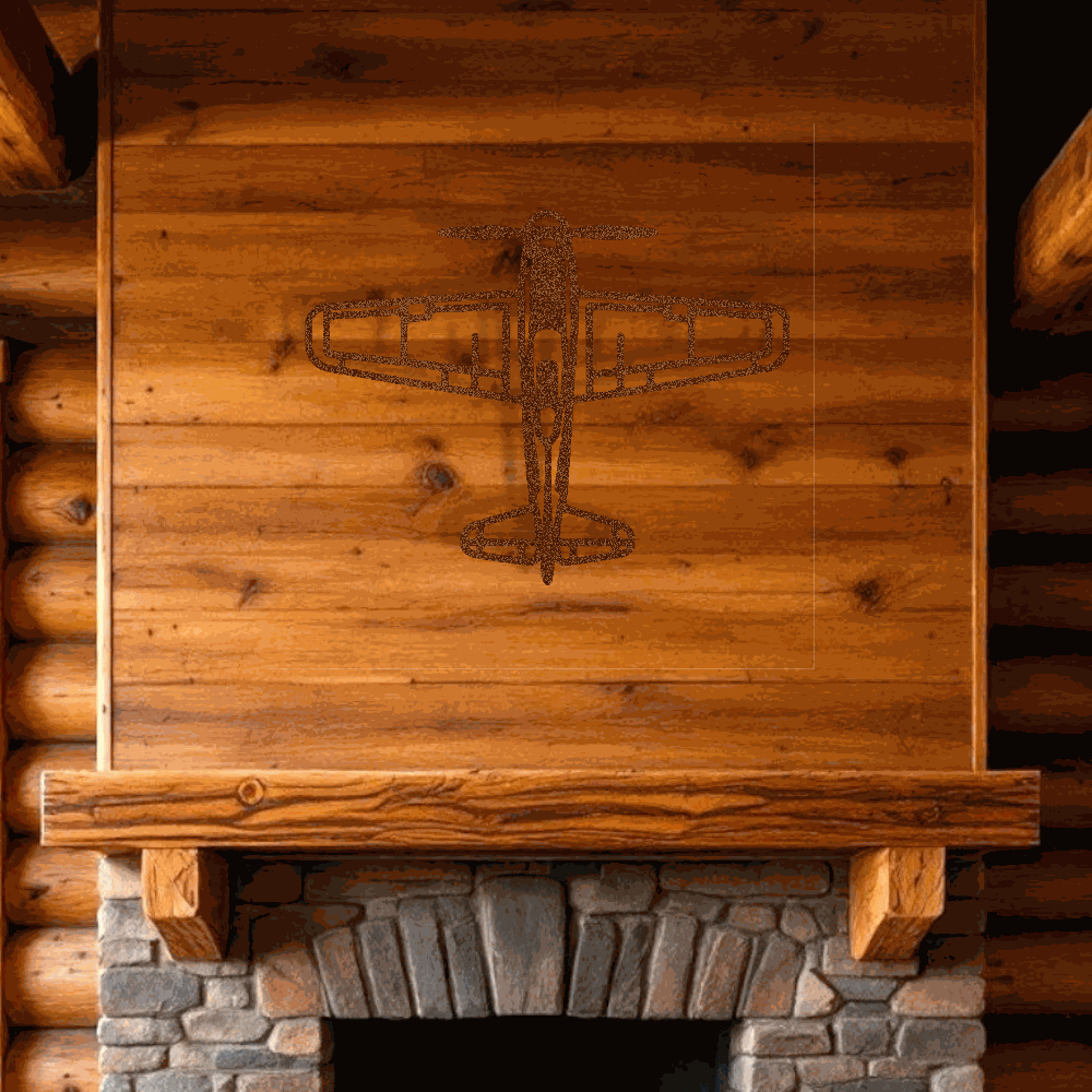 rustic airplane metal art wall decor above stone fireplace in wooden cabin