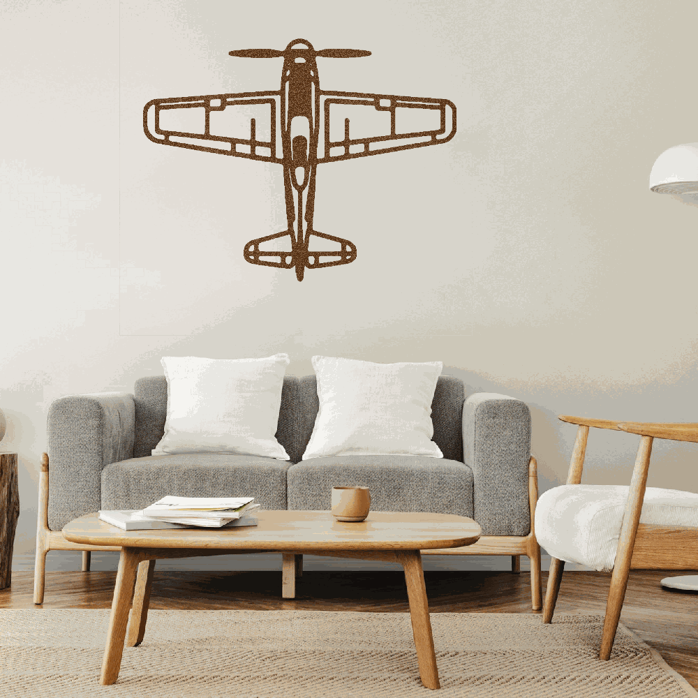 rustic airplane metal art wall decor in modern living room with sofa and coffee table
