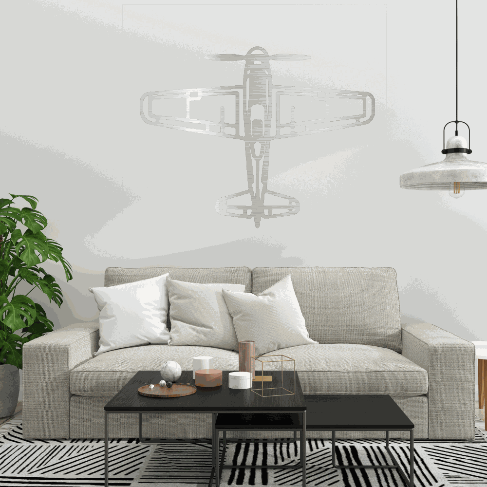 Retro airplane metal art wall decor above sofa in modern living room